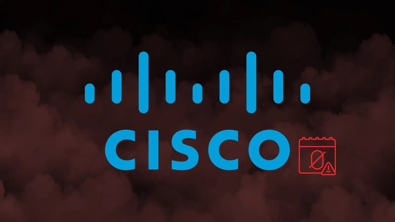 The blue Cisco logo appears over a dark, smoky background. In the lower right corner, there is a small red calendar icon with a zero and a warning triangle inside it.
