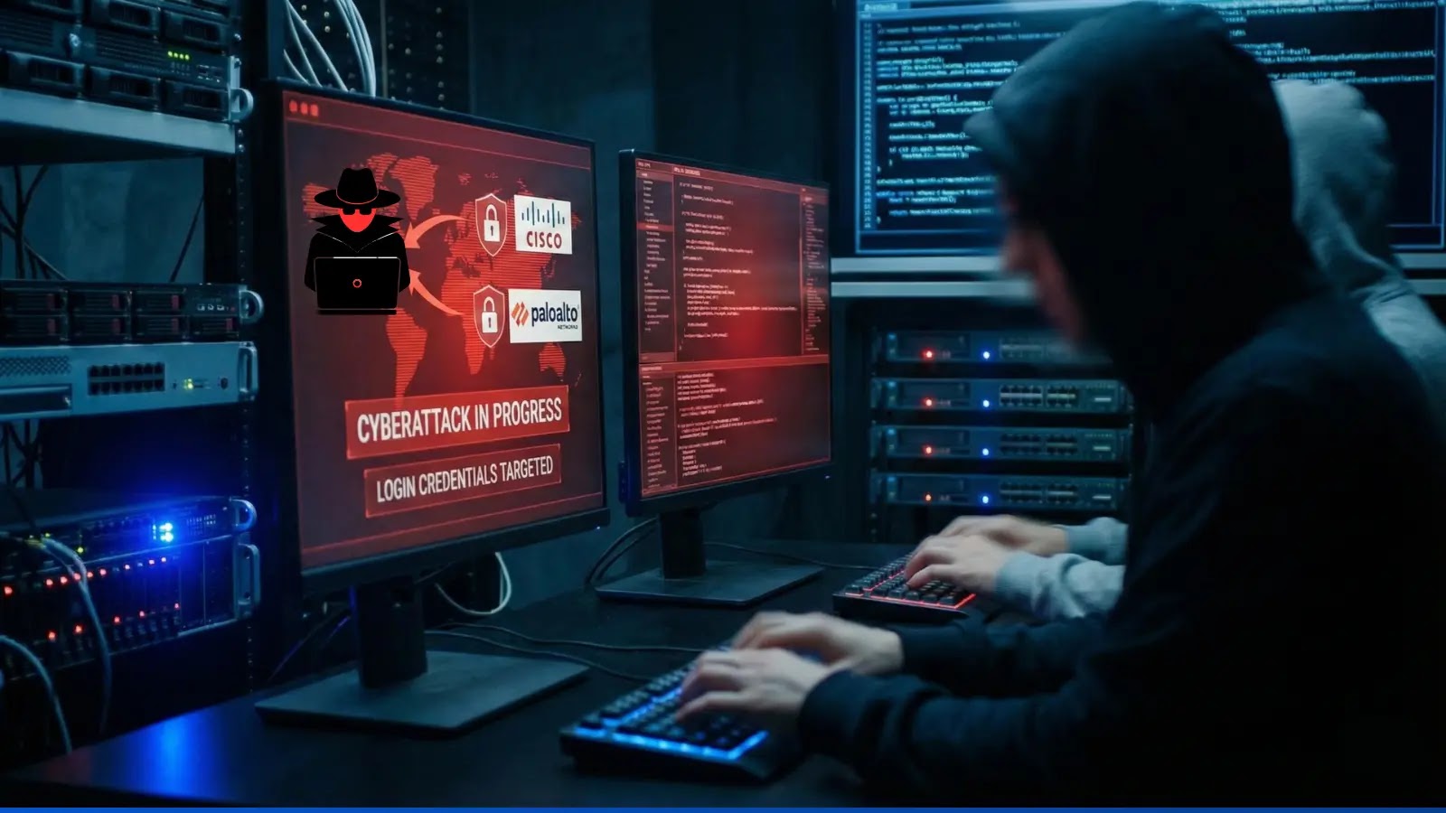 Cisco and Palo Alto VPN Gateways Under Attack Two people in hoodies sit at desks in a dark room, typing on keyboards. Computer monitors display warnings of a cyberattack in progress, showing red alert graphics and security logos. Server racks and cables are visible in the background.