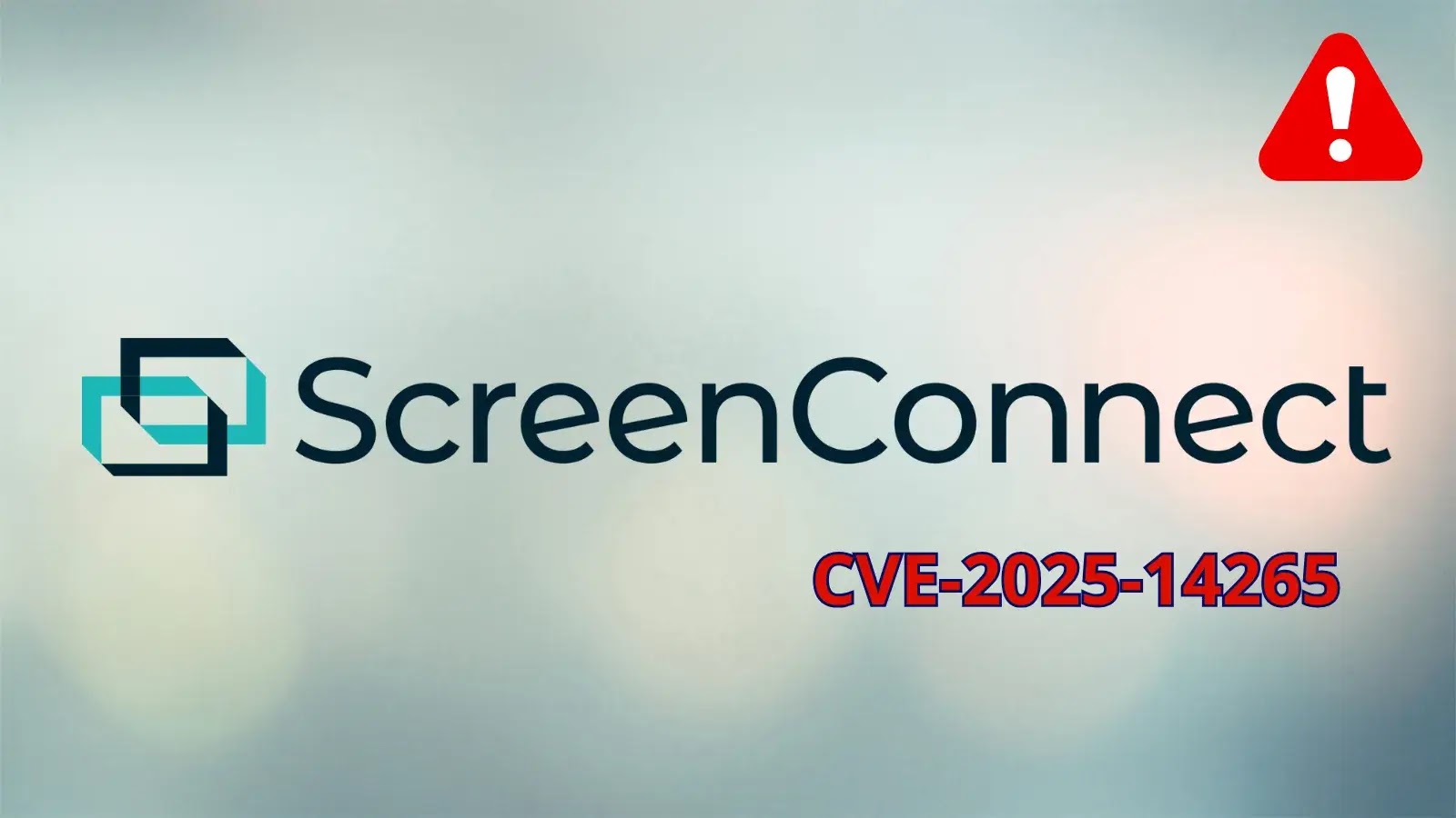 ScreenConnect logo on a blurred background, with a red warning icon and the text CVE-2025-14265 highlighted in red.
