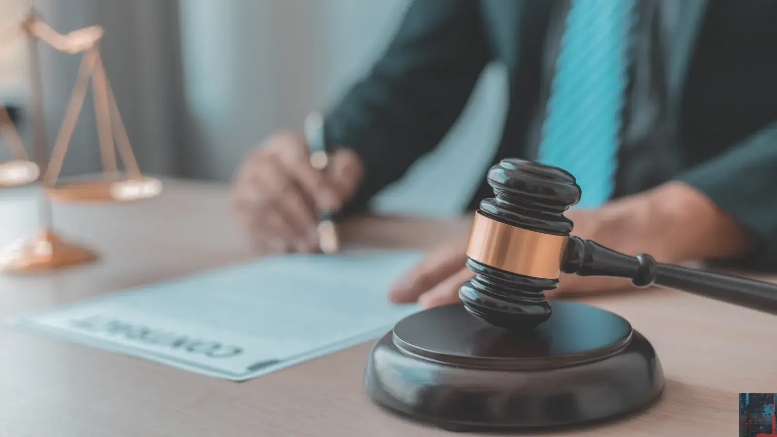 A wooden judges gavel rests on a desk in the foreground, while a person in a suit signs a document in the background. Scales of justice are also visible on the desk.
