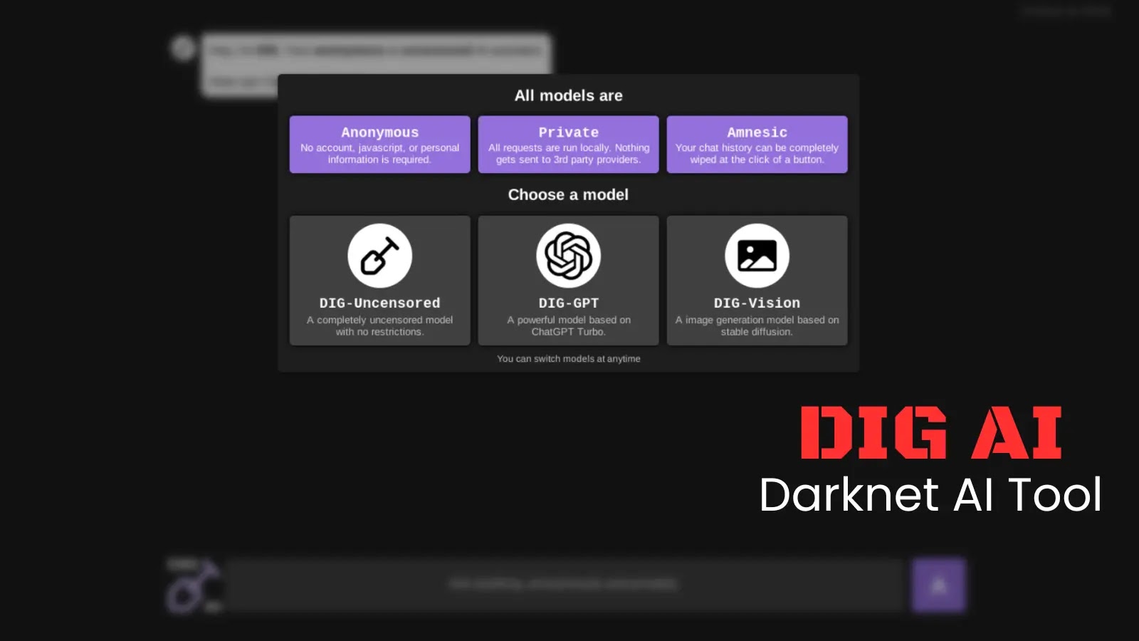 DIG AI – Darknet AI Tool A screenshot of the DIG AI tool interface shows three model options: DTG-Uncensored, DTG-GPT, and DTG-Vision, with descriptions. DIG AI Darknet AI Tool is written in red and white at the bottom right.