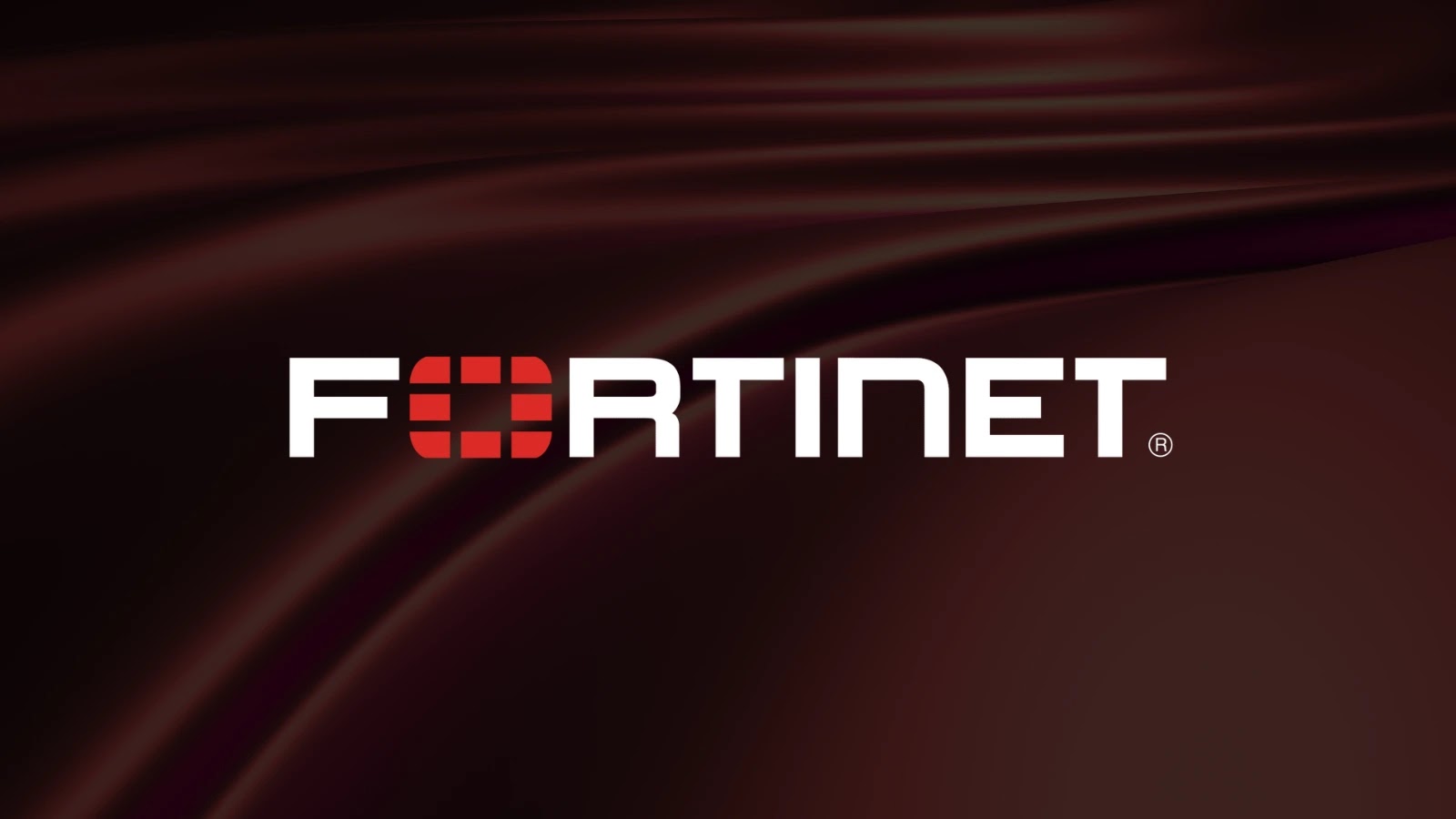 White FORTINET text logo with a red square composed of smaller white squares replacing the O, set against a dark, wavy maroon background.