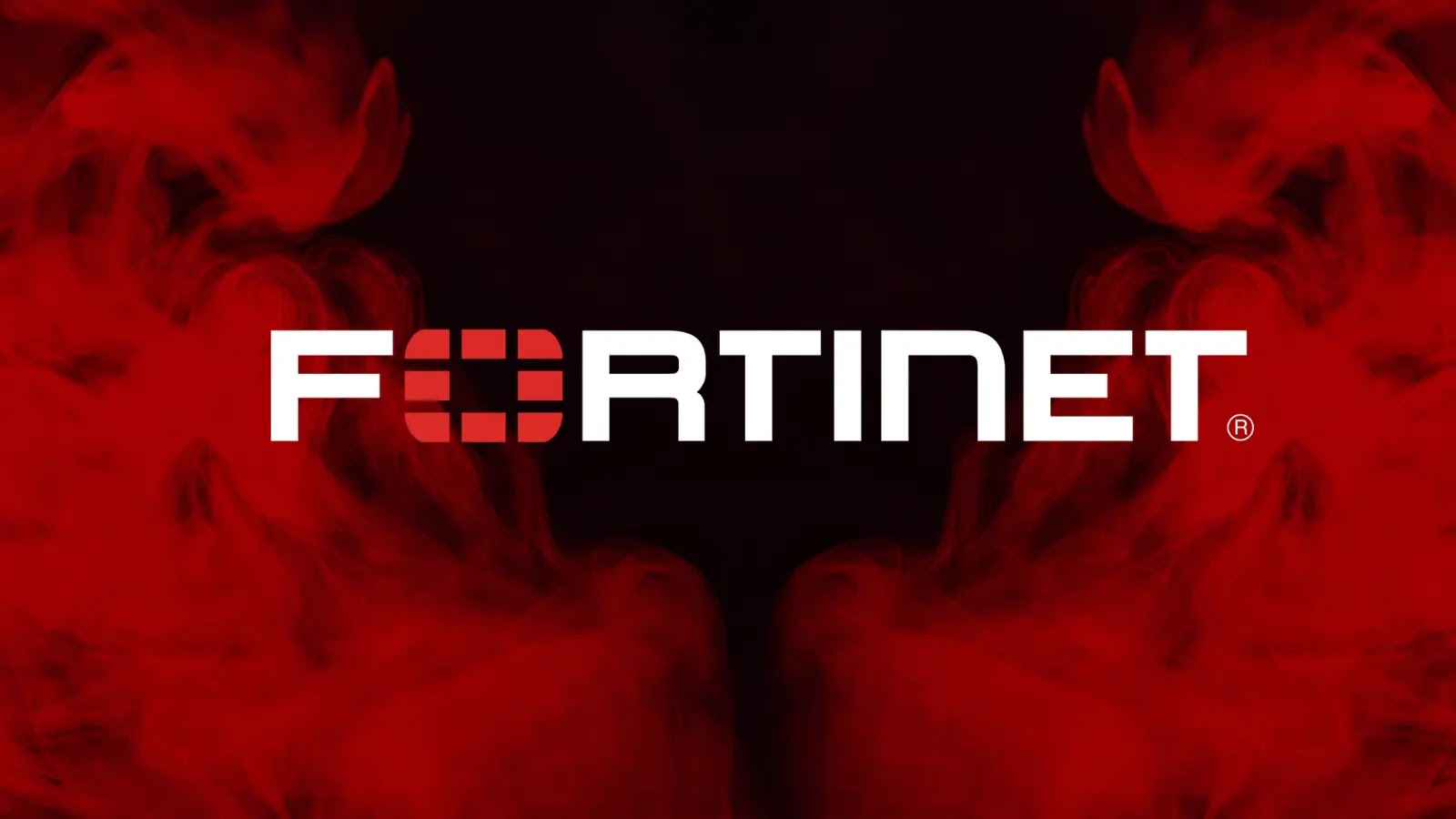 The image displays the word FORTINET in bold white letters with a stylized red O made up of four blocks, set against a dark background with swirling red smoke.