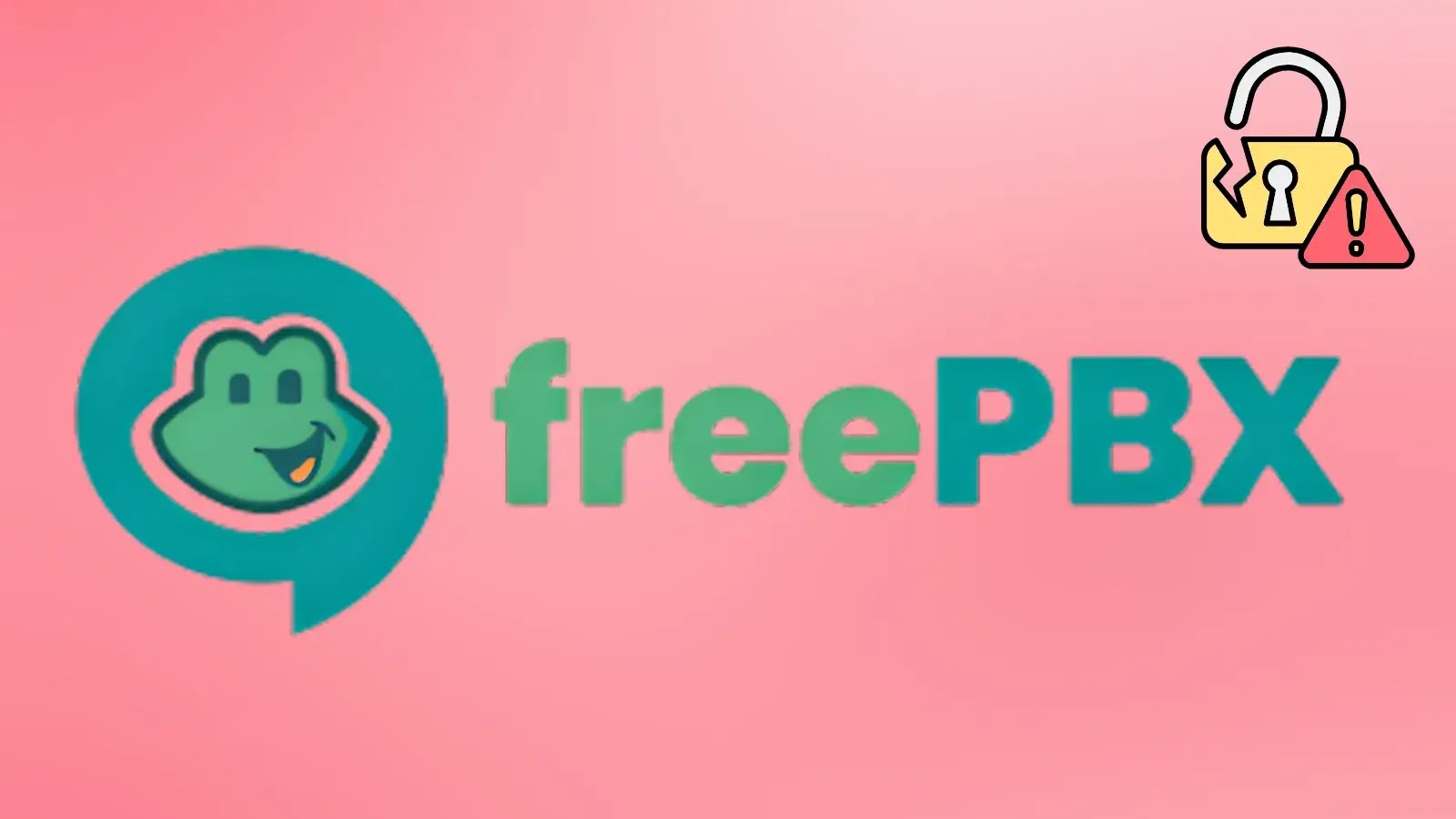 The image shows the FreePBX logo with a frog face, alongside the text “freePBX” on a pink background. In the top right corner, there is a yellow padlock icon with an exclamation mark.