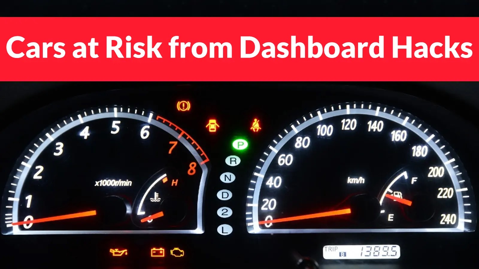Hackers Could Take Control of Car Dashboard by Hacking Its Modem Dashboard of a car with warning lights illuminated, speedometer and RPM gauges visible, and a red banner above reading Cars at Risk from Dashboard Hacks.