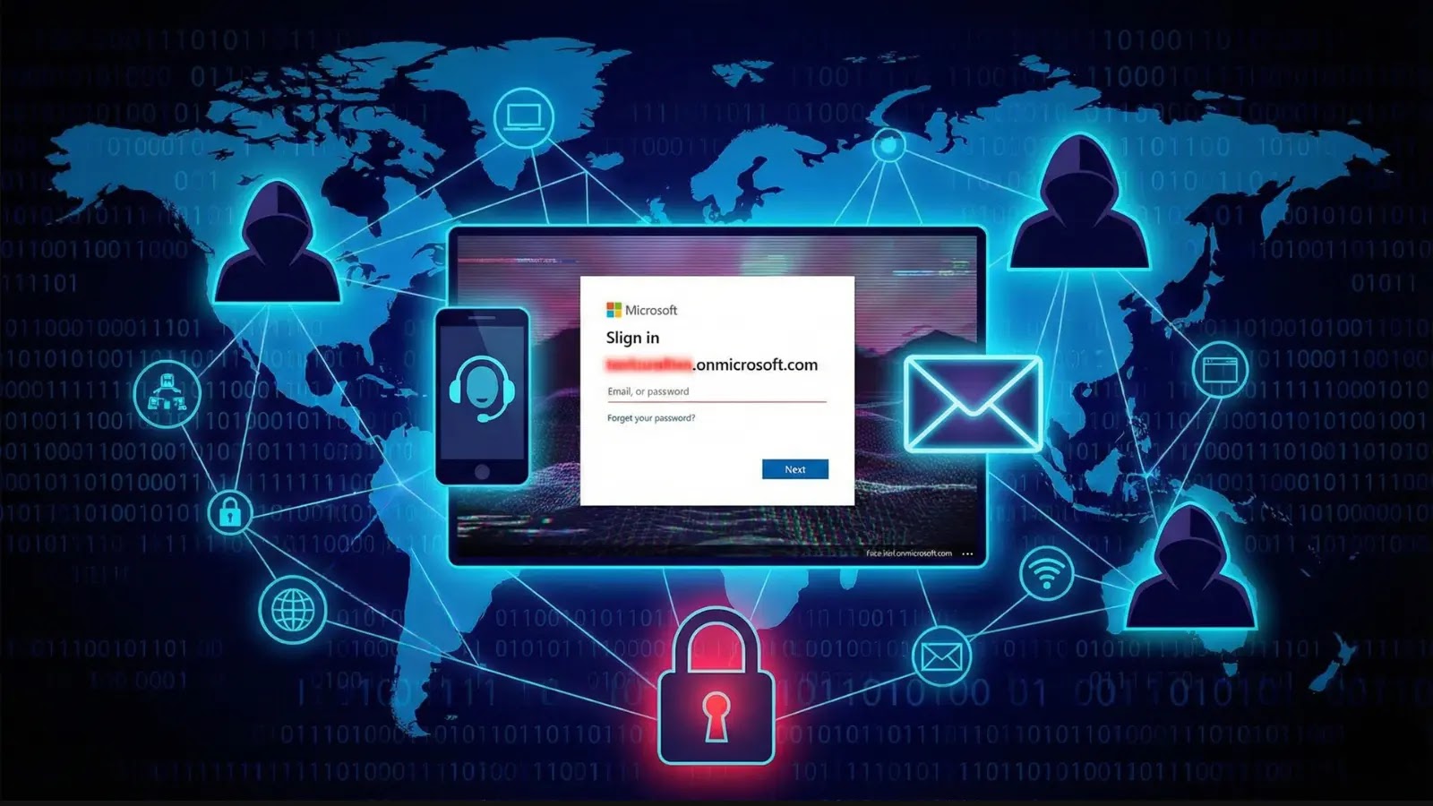 A digital illustration shows a Microsoft login screen on a laptop, surrounded by security icons—padlock, email, headset, and phone—over a world map with connected users, symbolizing global cybersecurity and online access.