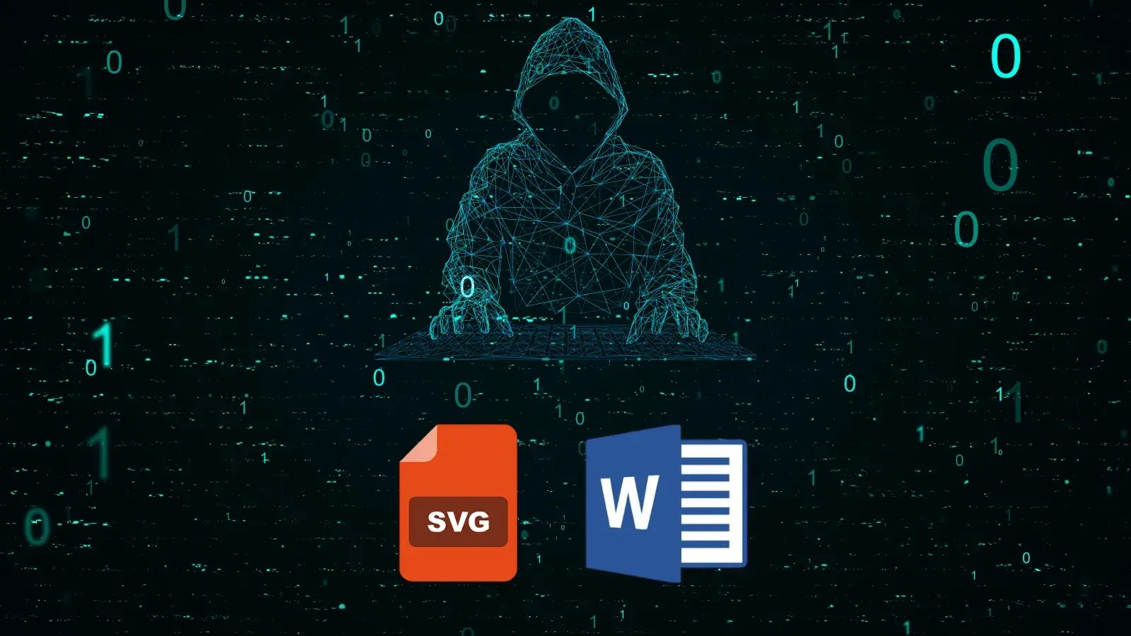 A digital illustration of a hooded figure made of blue wireframe lines sits at a laptop, surrounded by binary code. Below are SVG and Word document icons, suggesting digital or cyber threats.