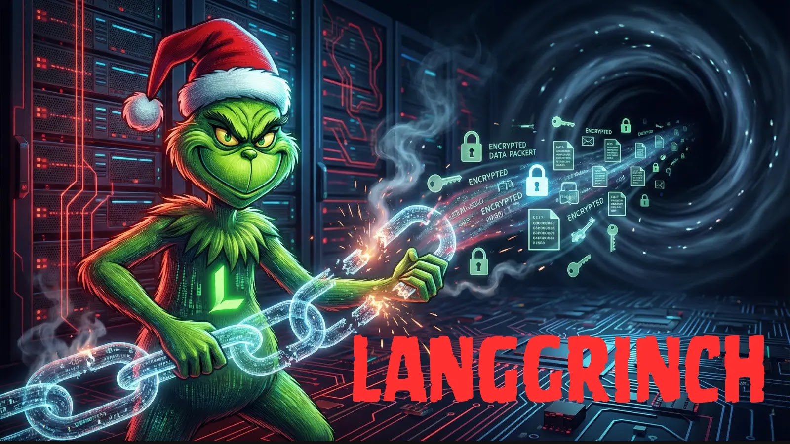 A mischievous green creature in a Santa hat breaks a digital chain in a server room, unleashing encrypted files into a swirling cyber vortex. The word LANGGRINCH is boldly displayed in red.