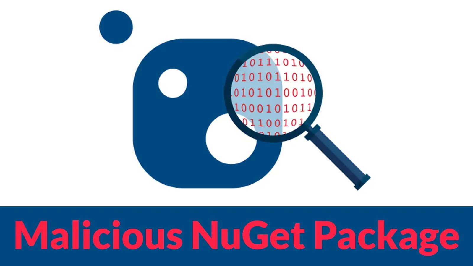 Blue NuGet logo with a magnifying glass showing binary code, above the text Malicious NuGet Package in bold red and blue letters.