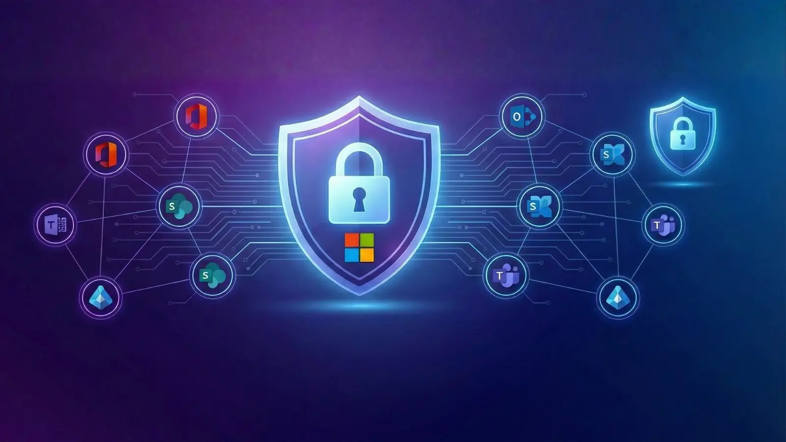 A glowing shield with a lock and Microsoft logo at its center is surrounded by icons representing various Microsoft apps and security elements, symbolizing digital protection and cybersecurity.