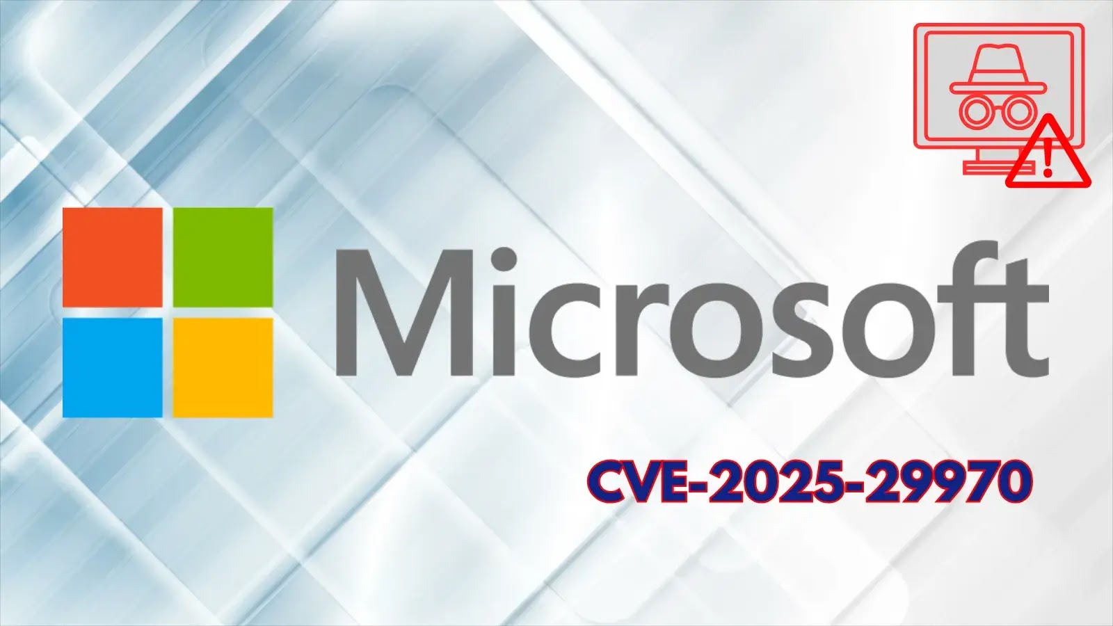 Microsoft logo with a stylized background, a red outline of a computer screen showing a masked figure and warning symbol, and the text “CVE-2025-29970” in bold at the bottom right.