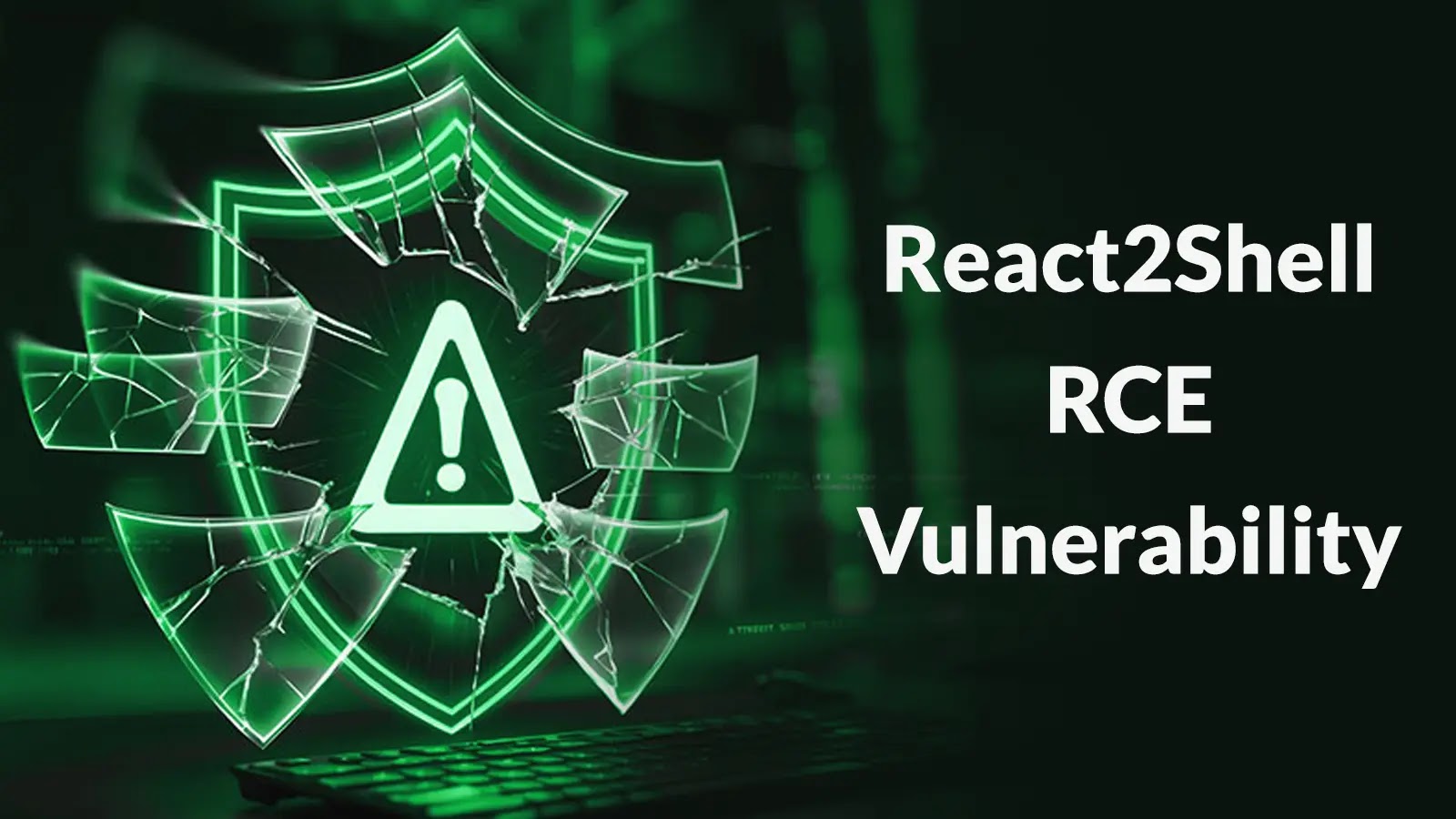 A glowing green shield with a warning symbol is cracked, with the text “React2Shell RCE Vulnerability” on a dark background. A keyboard is visible below the shield.