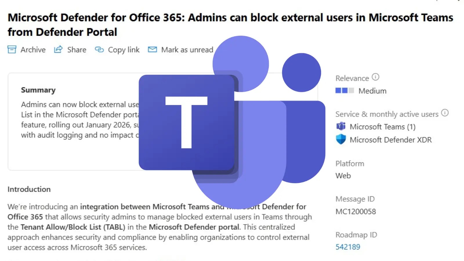 Screenshot of a Microsoft support page about blocking external users in Microsoft Teams via Microsoft Defender Portal, with the Microsoft Teams logo overlaid on the text.