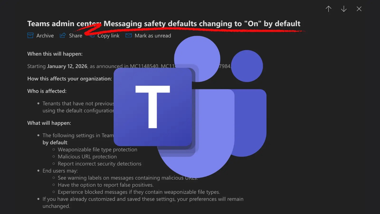 A screenshot of a Microsoft Teams admin center update, highlighting that messaging safety defaults will change to On by default. The Microsoft Teams logo is centered over the text.