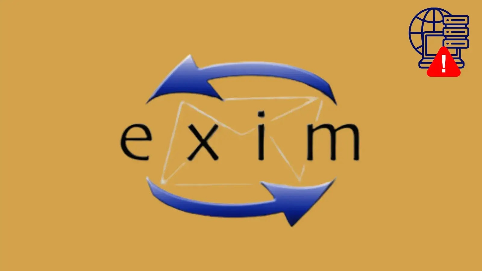 The Exim logo with blue arrows circling the word exim over a yellow background, an envelope outline in the middle, and a warning icon with a globe and server stack in the top right corner.