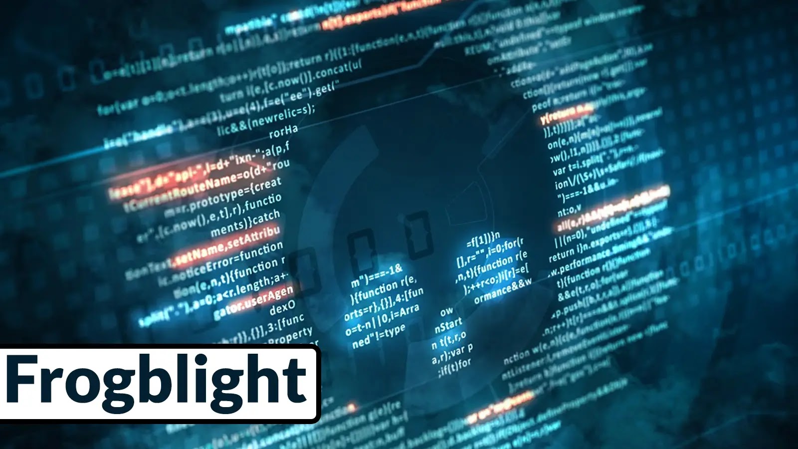 New Android Malware Frogblight Mimics as Official Government Websites to Collect SMS and Device Details A digital screen displays colorful lines of computer code on a blue background, with the word Frogblight in bold white text in the lower left corner.