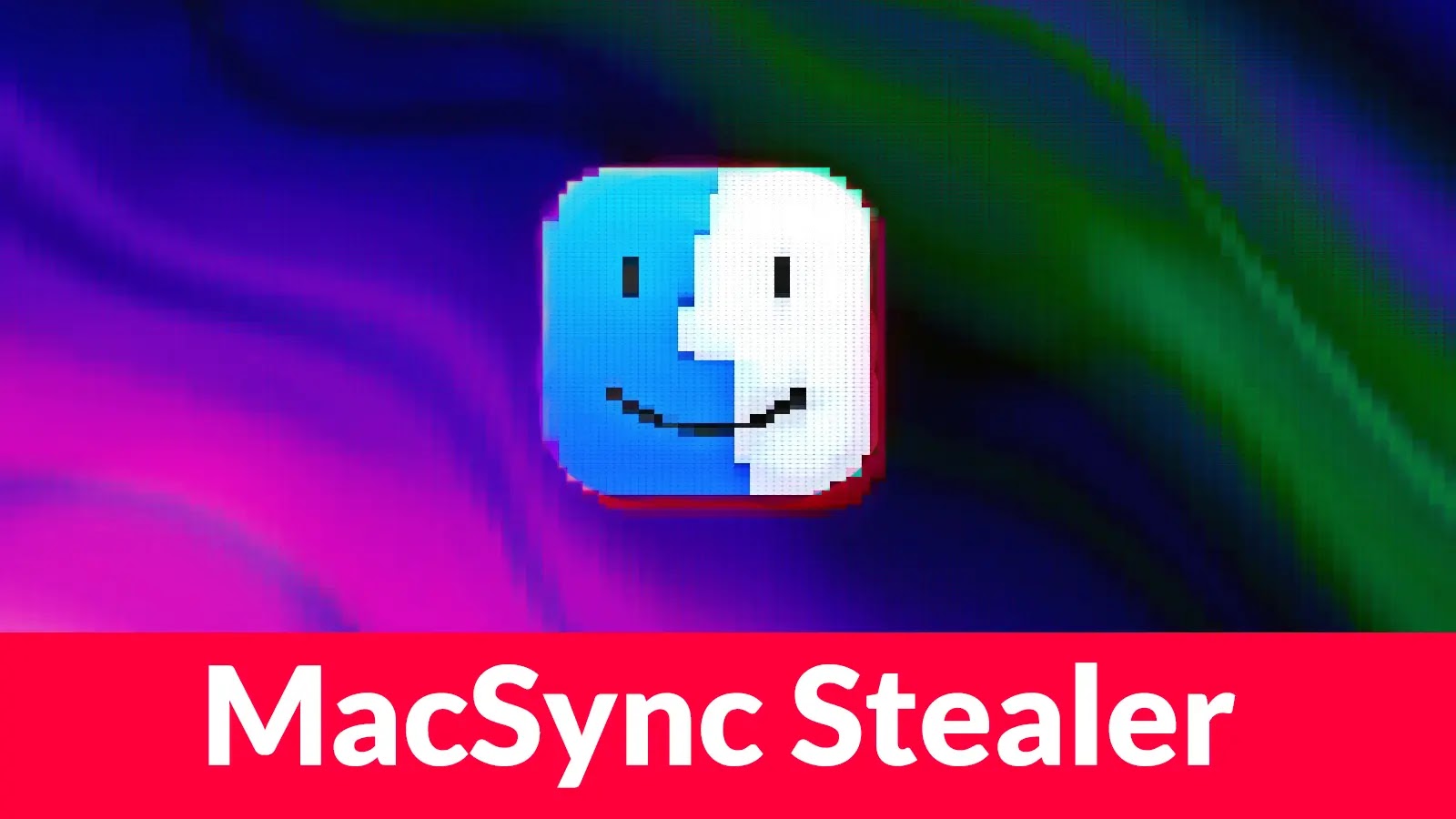 A pixelated Finder face icon is centered on a blurred purple and green background. At the bottom, a bold red banner displays the text MacSync Stealer in white.