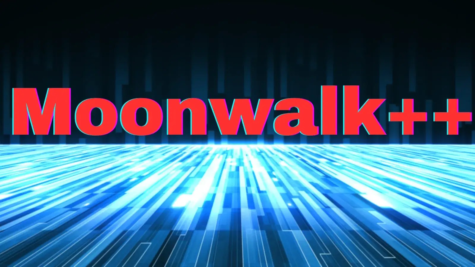 Bright red text Moonwalk++ is displayed prominently over a digital, futuristic blue background with glowing lines and blocks, resembling a technological or sci-fi theme.