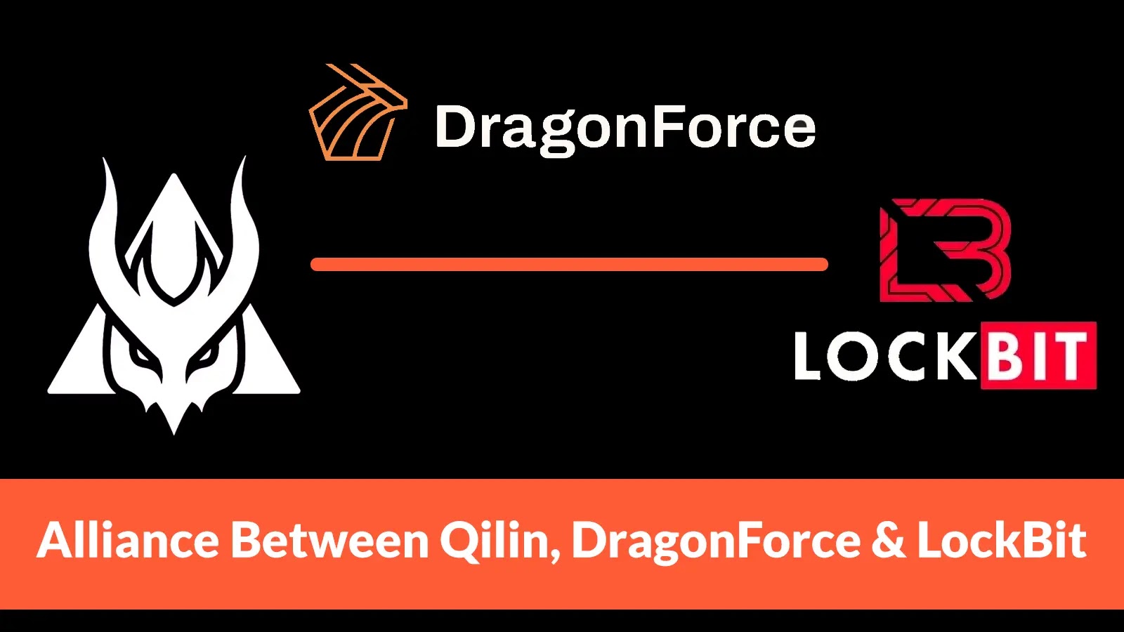 New Research Uncovers the Alliance Between Qilin, DragonForce and LockBit Dark background with DragonForce and LockBit logos, a stylized dragon head on the left, and text: “Alliance Between Qilin, DragonForce & LockBit” in an orange banner at the bottom.
