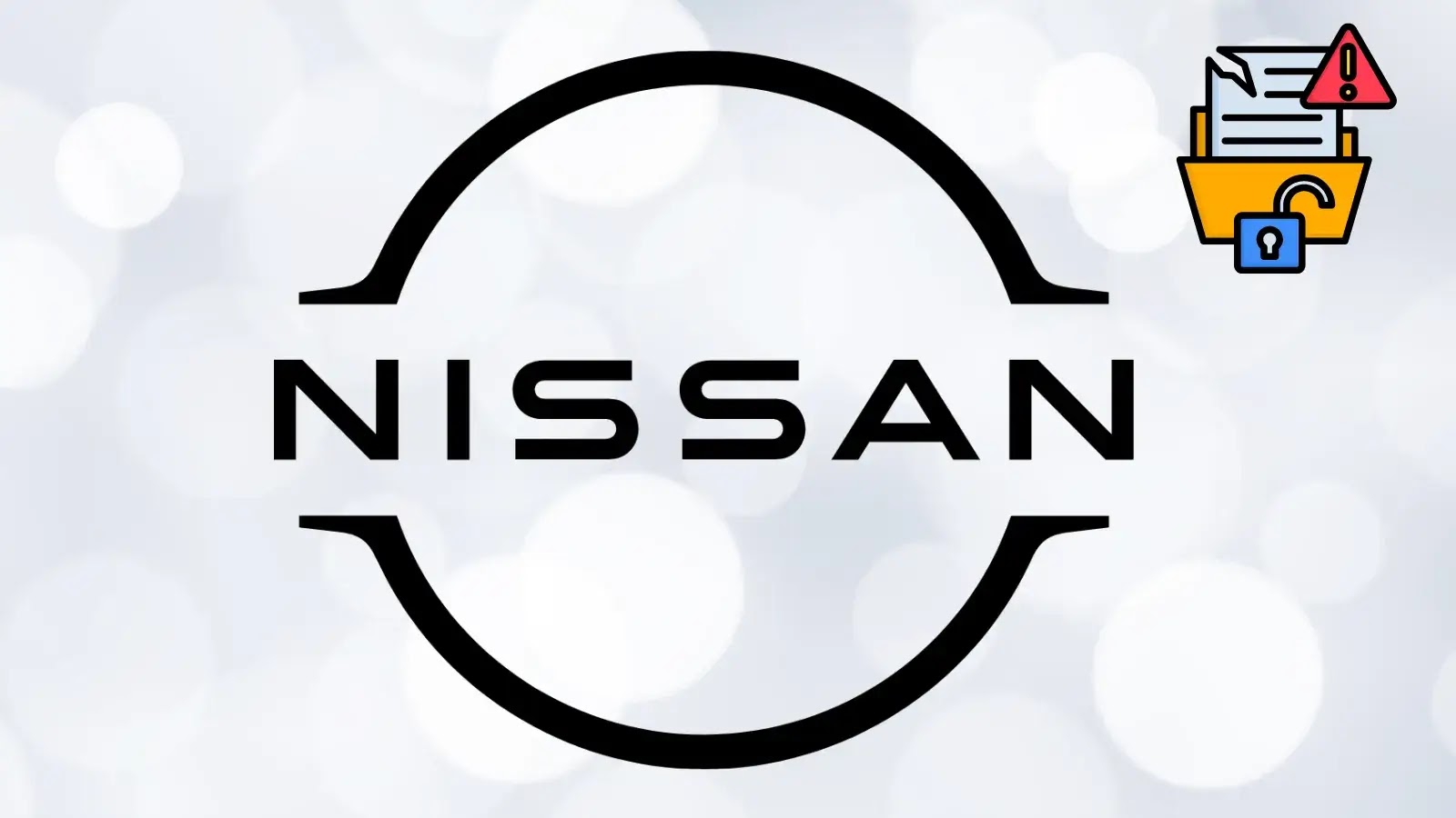 The Nissan logo in black on a light, blurry background. In the top right corner, there is an icon of a folder with documents, an exclamation mark, and a padlock, suggesting a warning or data security theme.