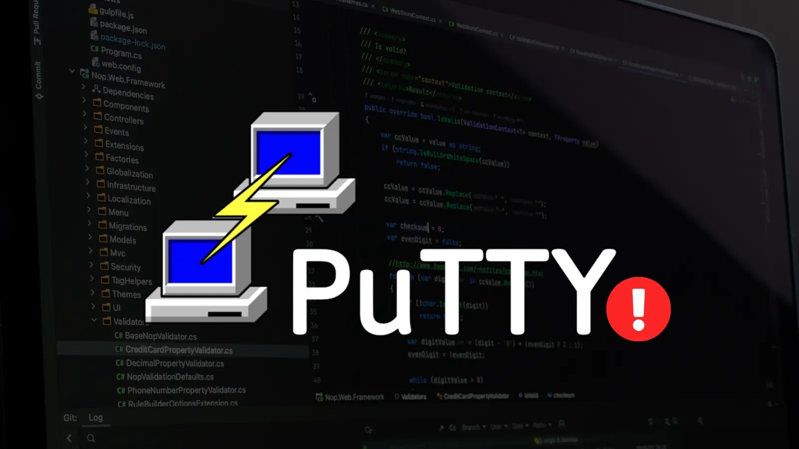 The PuTTY logo with two computers and a lightning bolt overlays a dark programming code editor background; a red exclamation mark is next to the word PuTTY.
