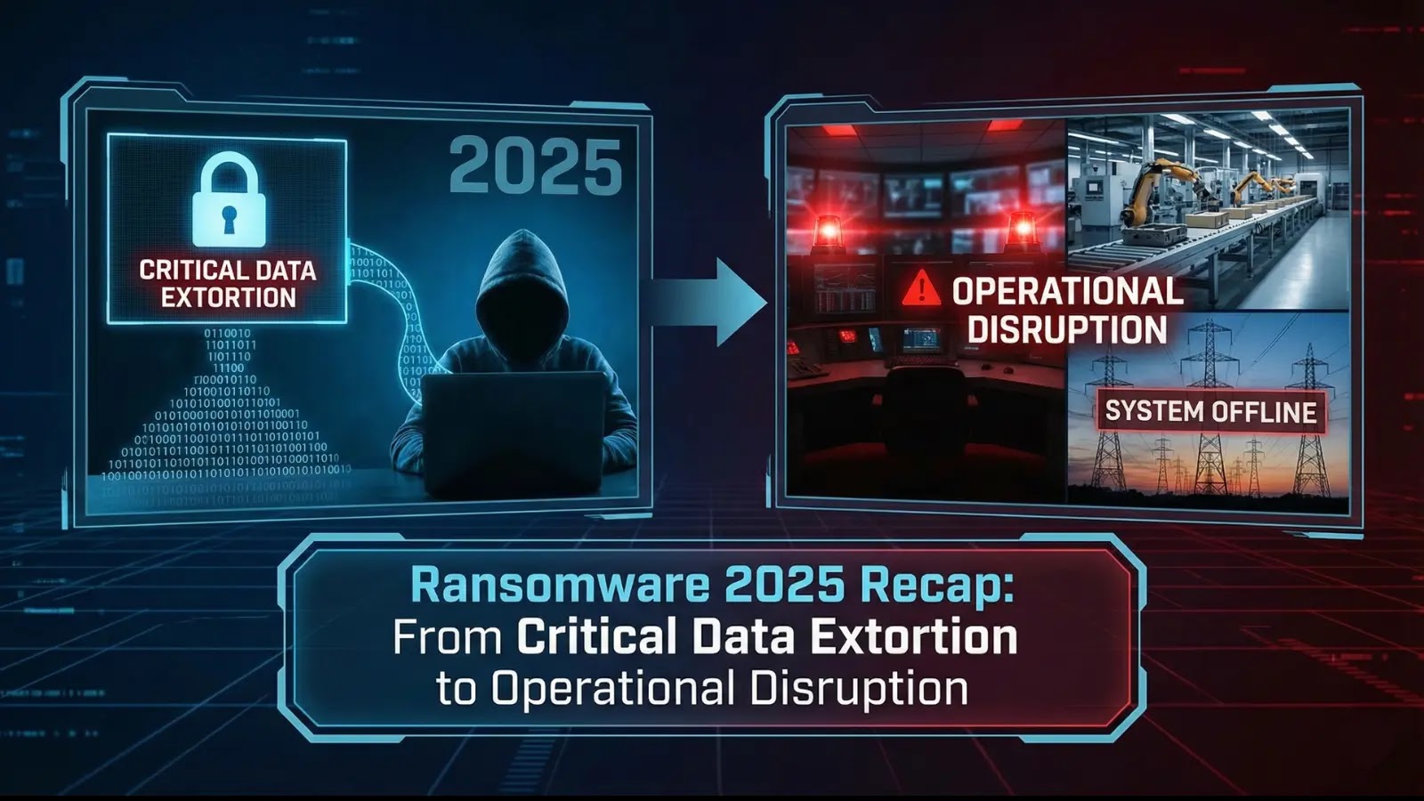 Ransomware Attack 2025 Recap A graphic shows a hooded figure at a laptop labeled Critical Data Extortion 2025, leading to scenes of factory and power grid disruptions labeled Operational Disruption and System Offline. Text: Ransomware 2025 Recap.