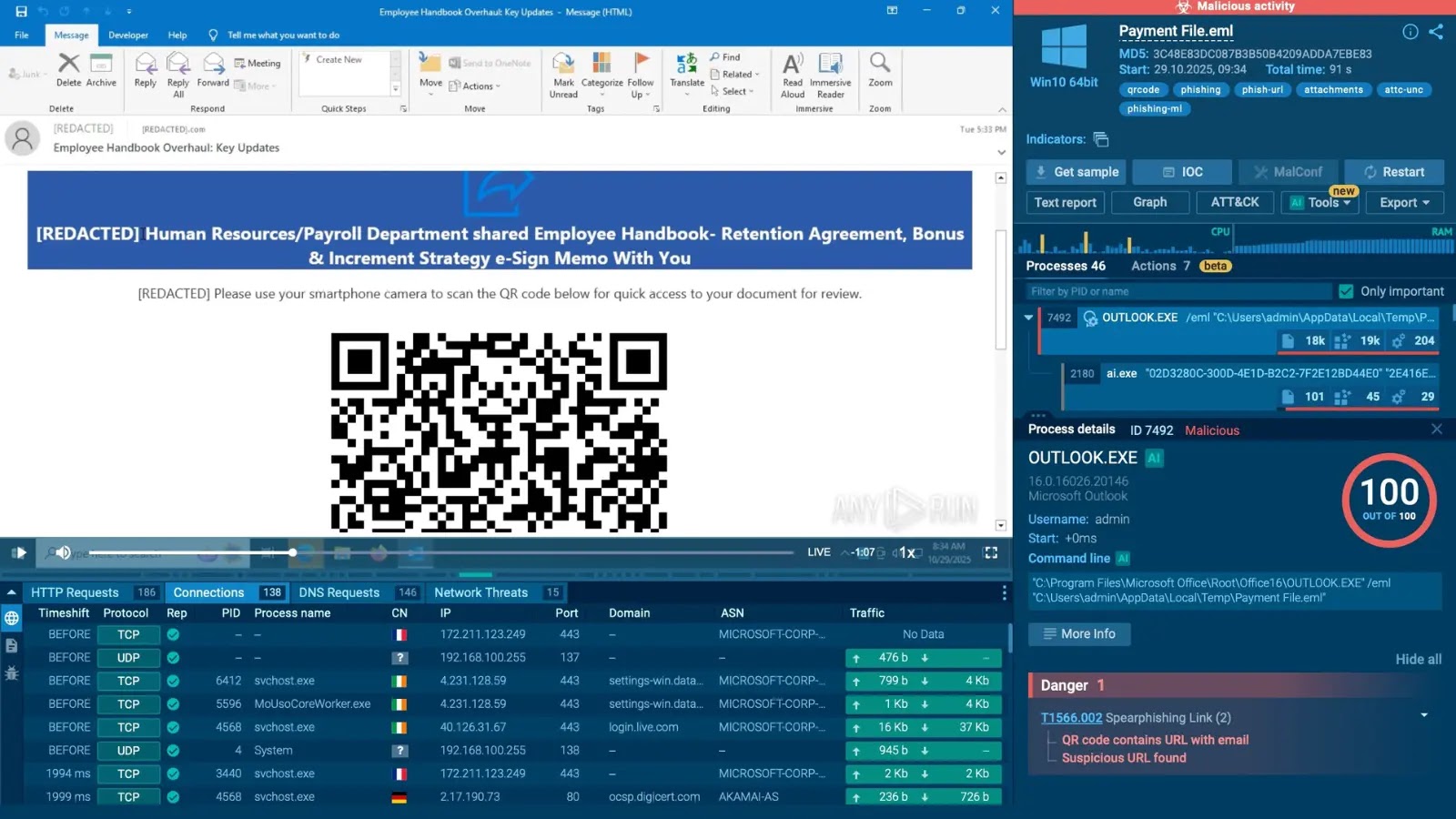 SOC analyst incident triage tips A computer screen displays an email with a QR code from the Human Resources department, alongside security alerts, network traffic logs, and a malware warning overlay on the right side.