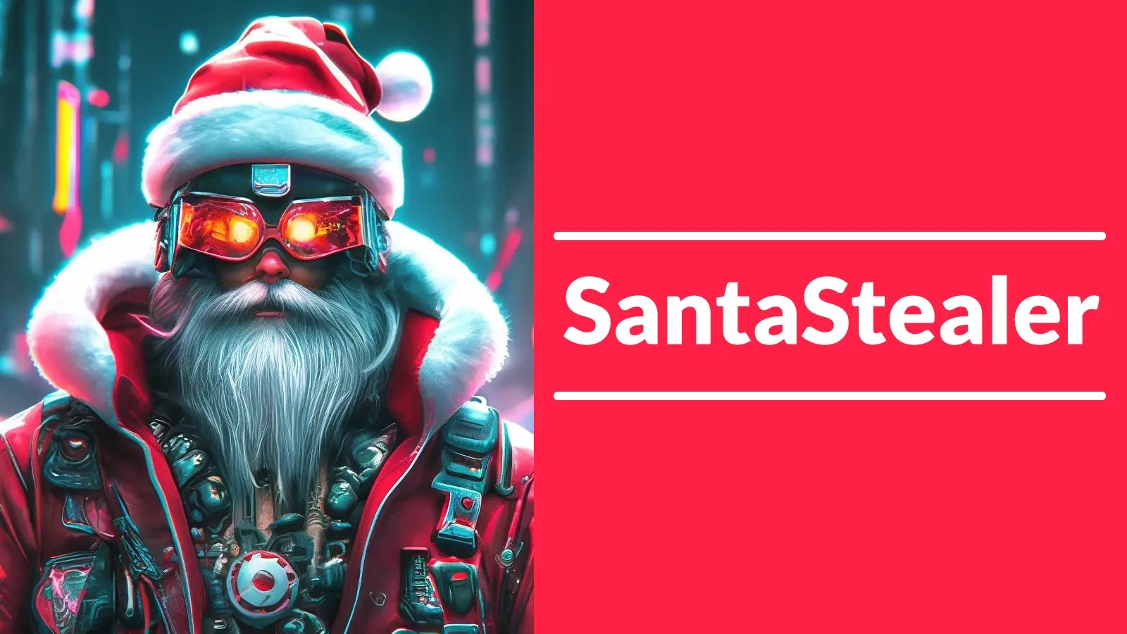 A futuristic, robotic Santa Claus with glowing red goggles and high-tech gear stands next to a bold red background that displays the word SantaStealer in white text.