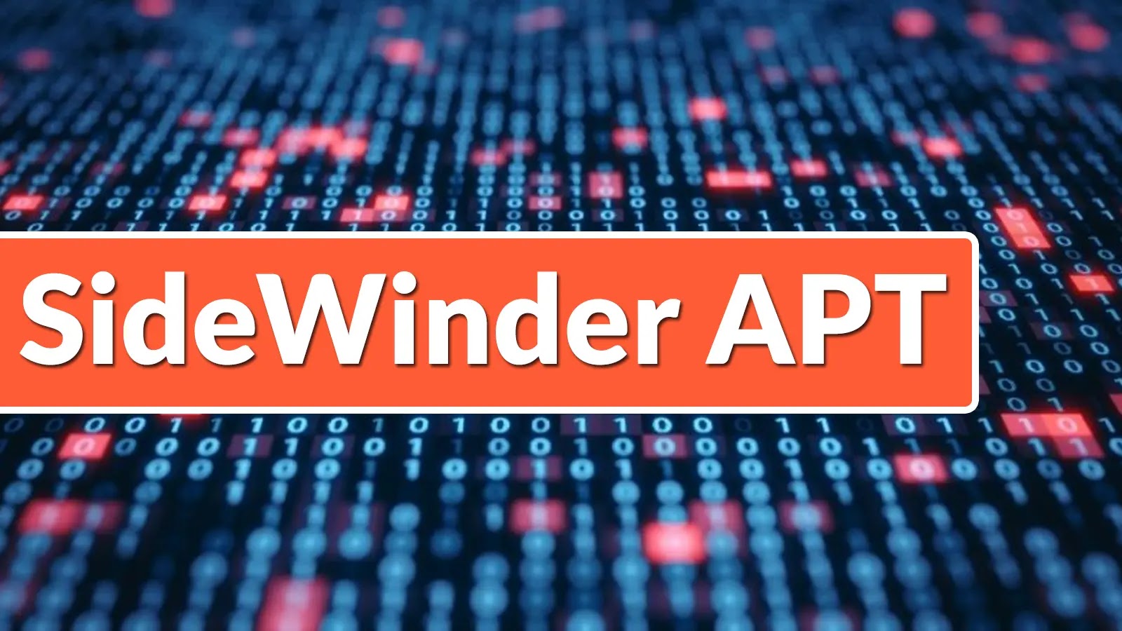 The image shows the words SideWinder APT in bold white text on an orange banner, over a background of blurred binary code in blue and red.