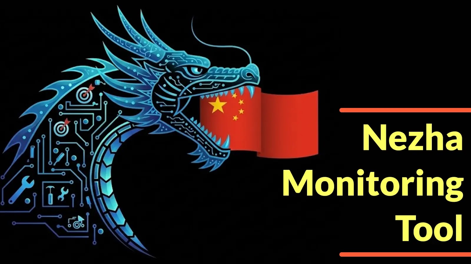 A stylized blue dragon with circuit-like patterns holds a Chinese flag in its mouth. Text on the right reads Nezha Monitoring Tool on a black background.