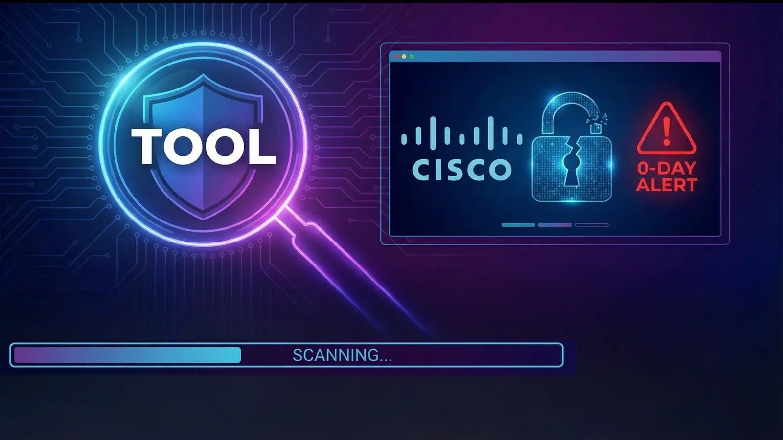 A digital illustration shows a glowing magnifying glass labeled “TOOL” scanning next to a screen displaying the Cisco logo, an unlocked padlock, and a red “0-DAY ALERT” warning icon. A progress bar below reads “SCANNING…”.