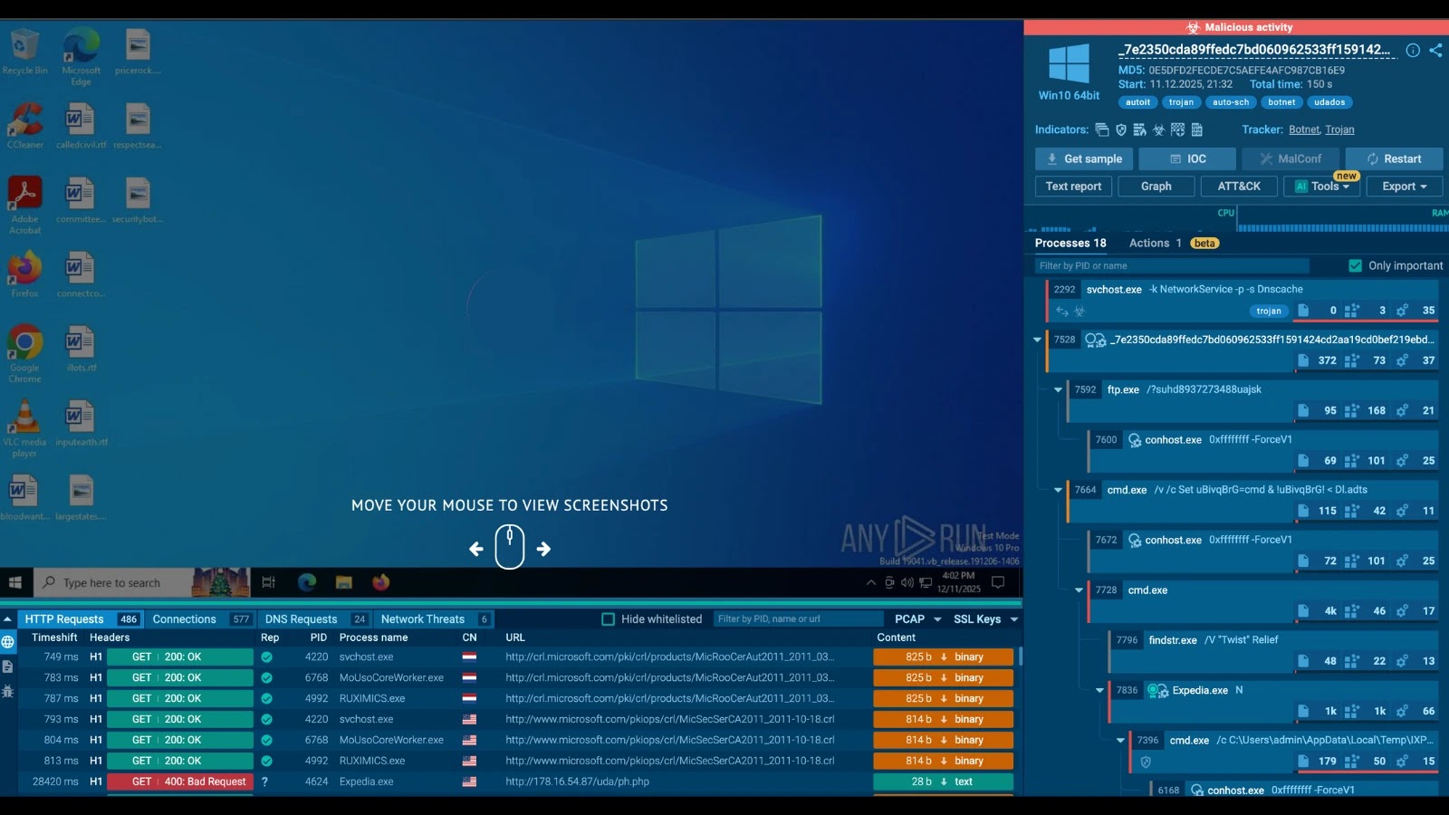 Udados Botnet DDoS Attack A computer screen displays a Windows desktop running an analysis tool, showing various system processes, network threats, indicators of compromise, and threat details in multiple side and bottom panels.