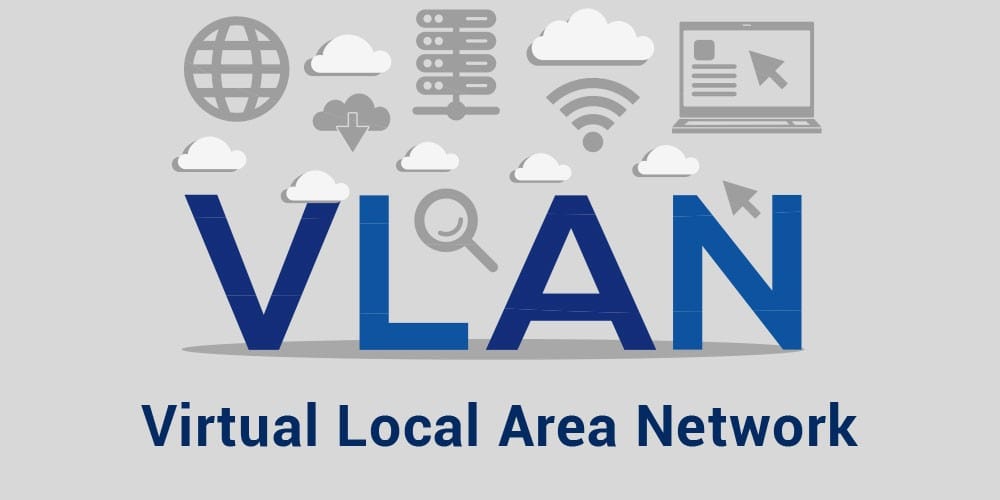 The image shows the acronym VLAN in large blue letters, with Virtual Local Area Network written below. Above are icons of a globe, servers, clouds, a laptop, Wi-Fi, and a magnifying glass.