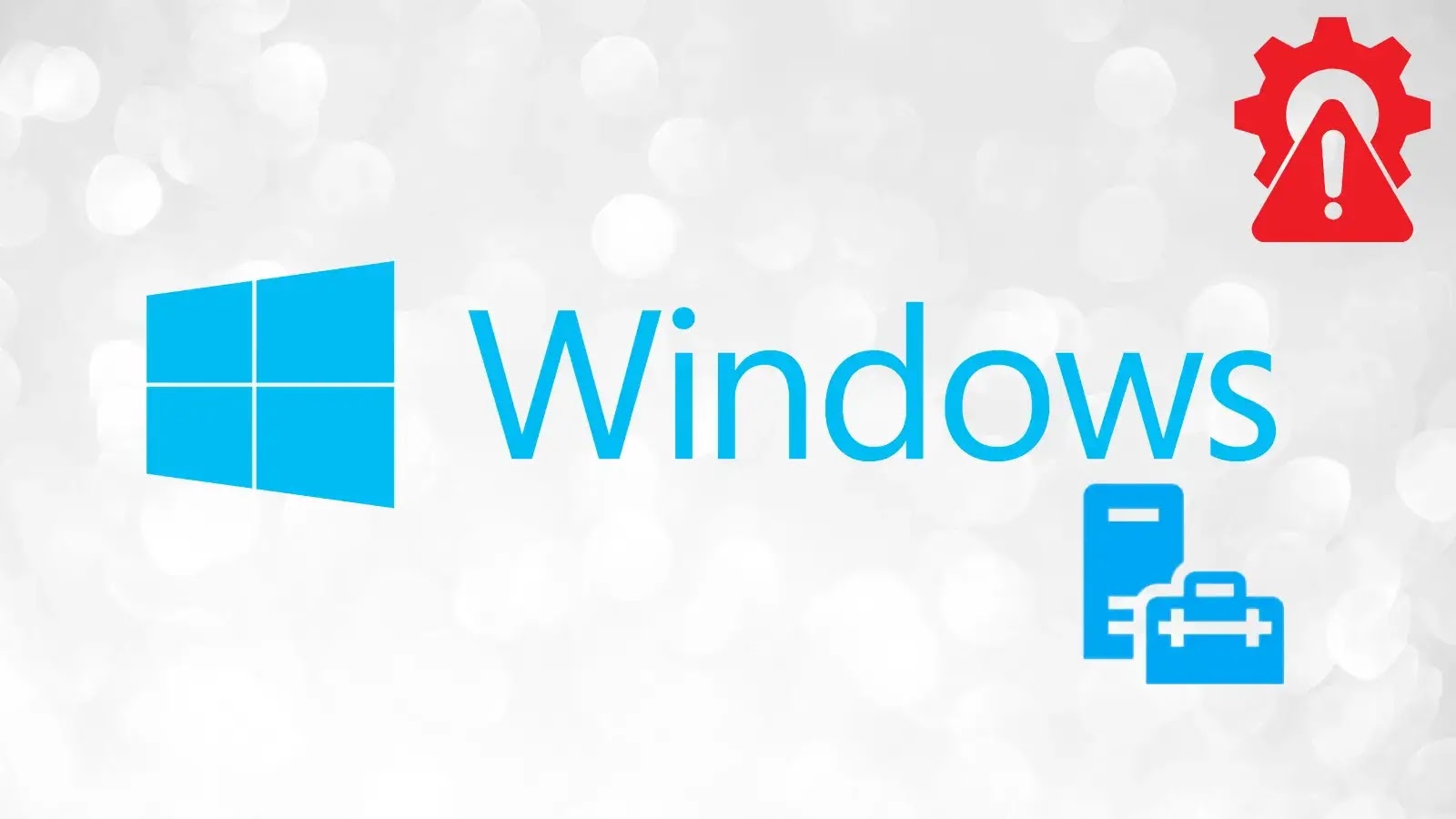 Blue Windows logo and the word Windows on a light background, with a red warning gear icon in the top right and blue administrative tools icons in the bottom right.