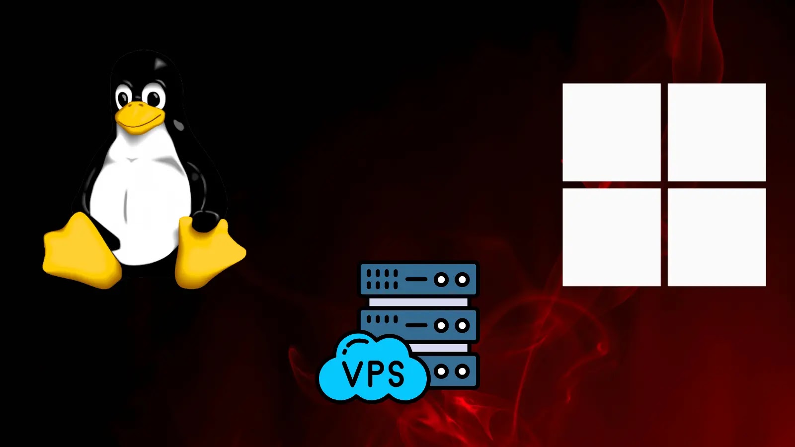 Windows Update Breaks VPS Access A graphic with the Linux penguin logo on the left, a Windows logo on the right, and a VPS server icon in the center on a dark, red smoky background.