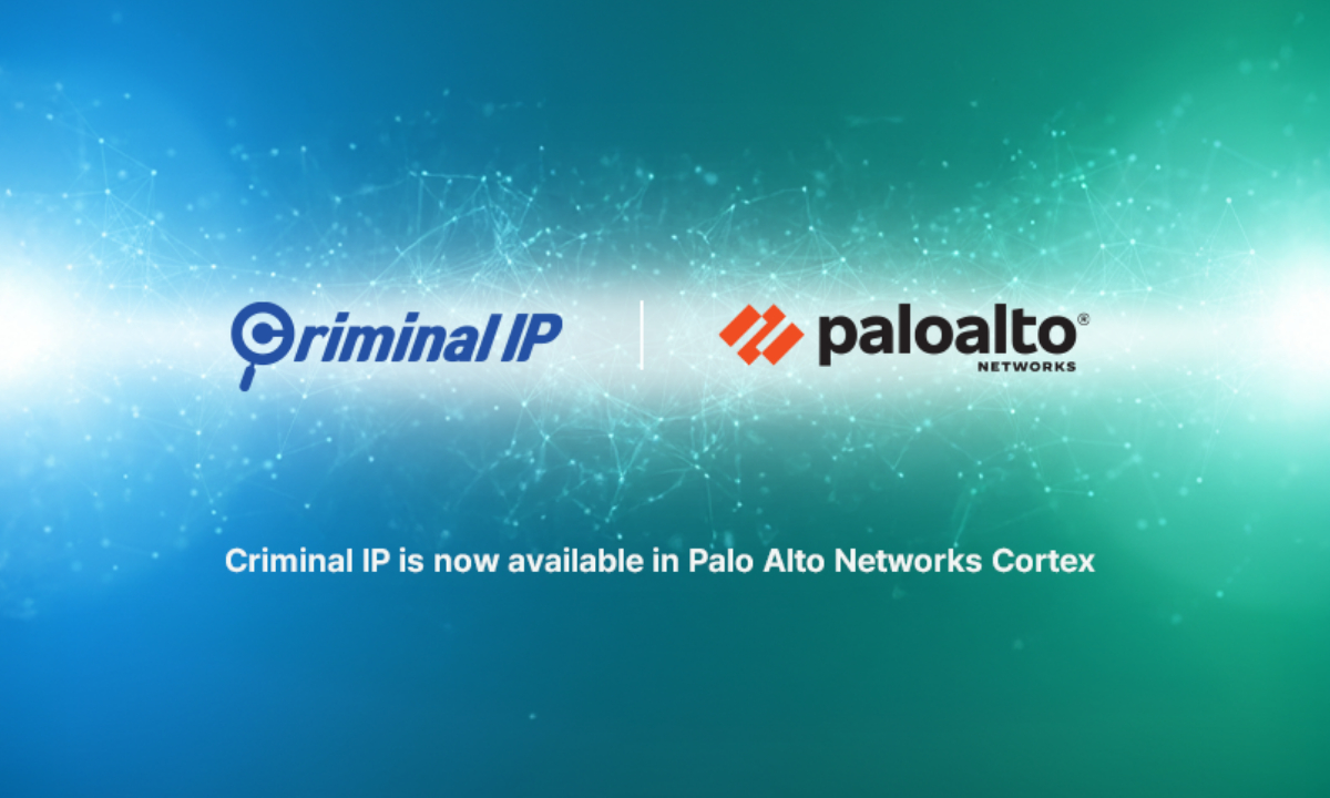 Logos for Criminal IP and Palo Alto Networks appear side by side on a blue and green digital background, with text below stating: Criminal IP is now available in Palo Alto Networks Cortex.