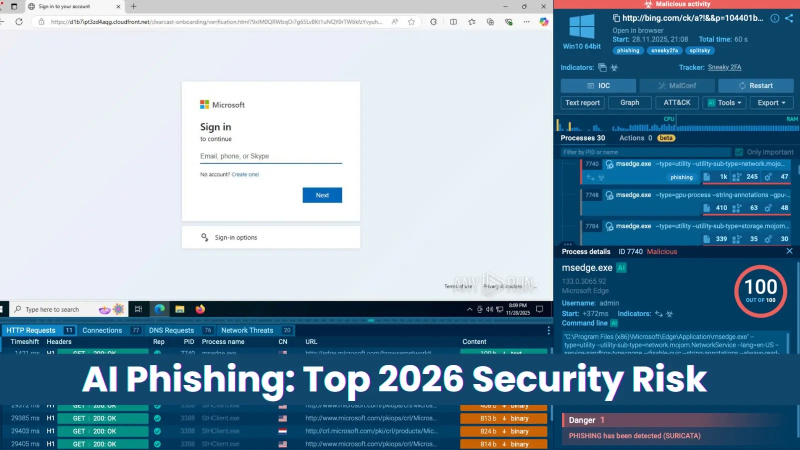 A computer screen shows a fake Microsoft sign-in page with security monitoring tools open. The text at the bottom reads AI Phishing: Top 2026 Security Risk.