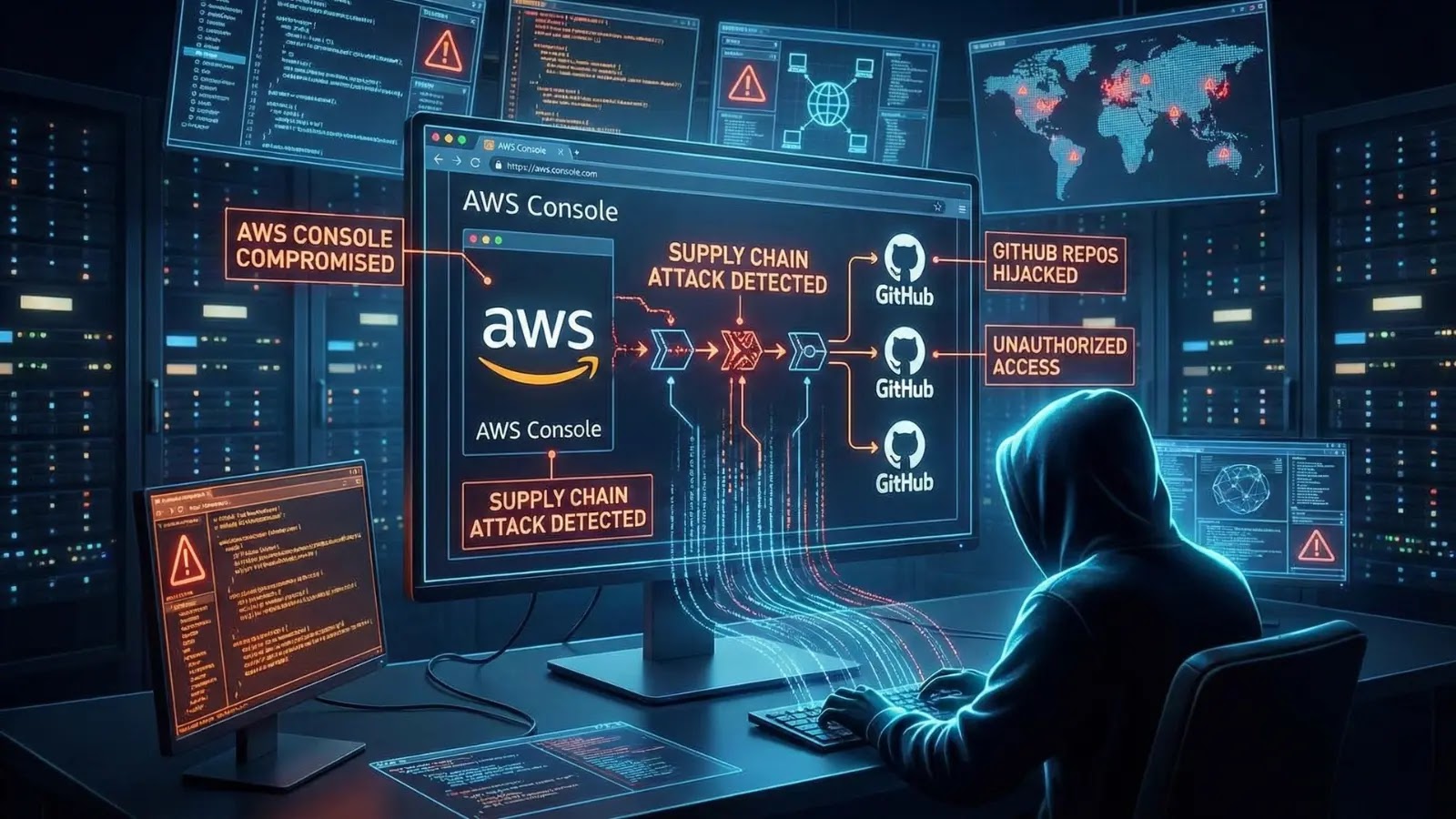 A person in a hoodie sits at a computer in a dark room filled with monitors showing warnings about AWS console compromise, supply chain attacks, and unauthorized GitHub access. Data flow graphics and alert messages are visible.