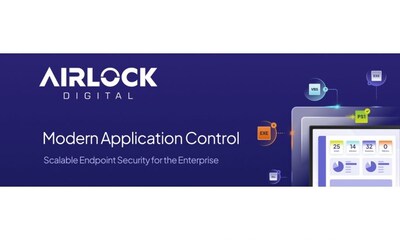 Banner for Airlock Digital showing Modern Application Control, Scalable Endpoint Security for the Enterprise with icons of file types (EXE, VBS, PS1) and a dashboard graphic on a blue background.