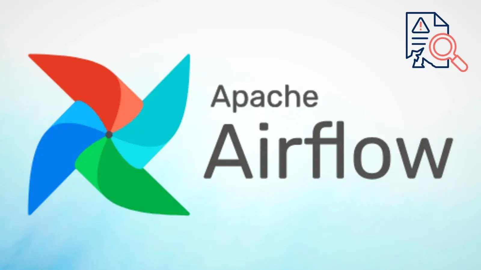 Logo of Apache Airflow with a colorful pinwheel design on the left and the words Apache Airflow in large text on the right. There is a small document icon with a magnifying glass in the top right corner.