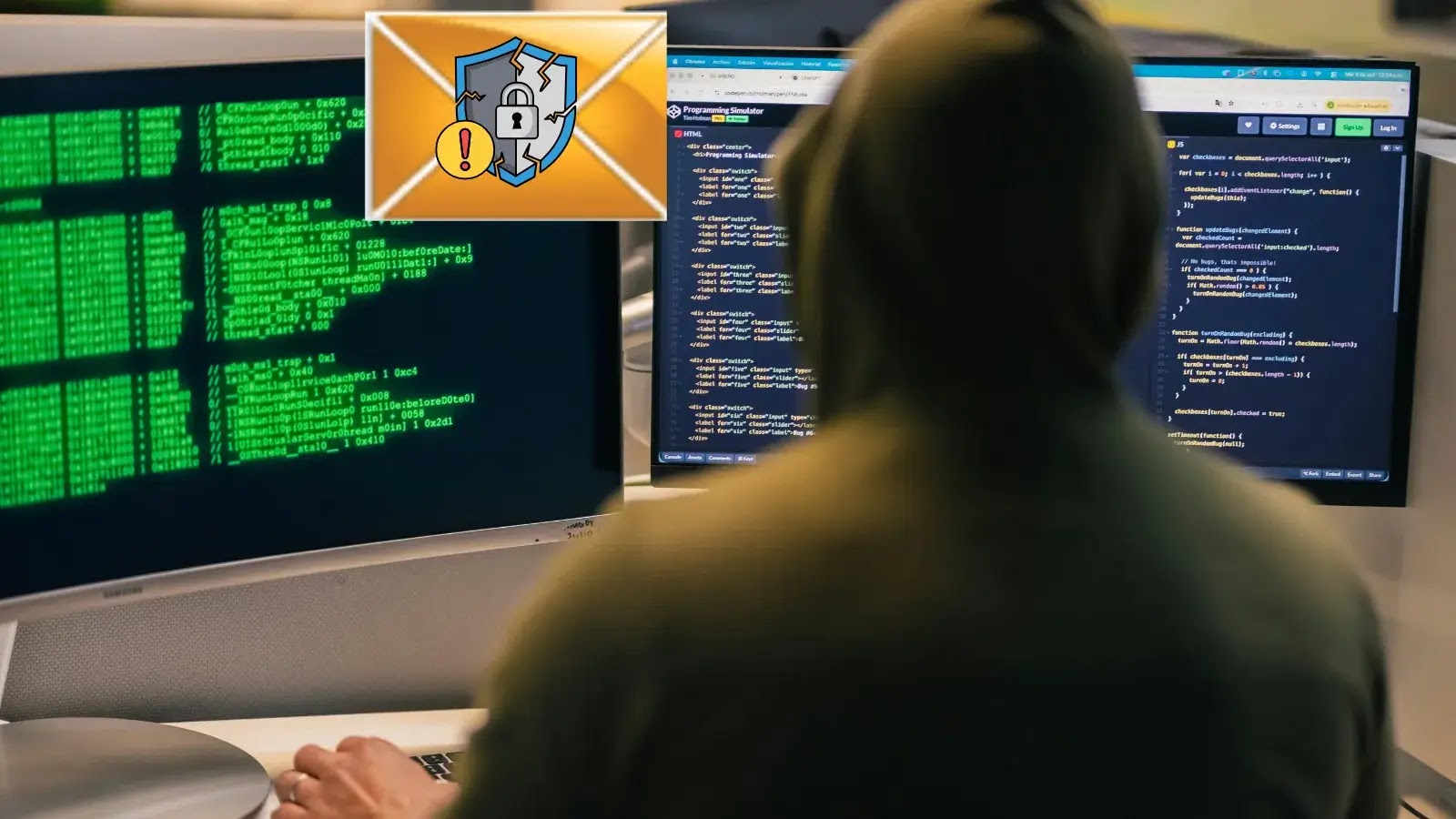 Attackers Reverse‑Engineer Patch to Exploit SmarterMail Admin Bypass in the Wild (1) (1) (1) A person in a hoodie sits at a desk with two computer monitors displaying code. An email icon with security symbols and a warning sign is overlaid in the upper left corner.