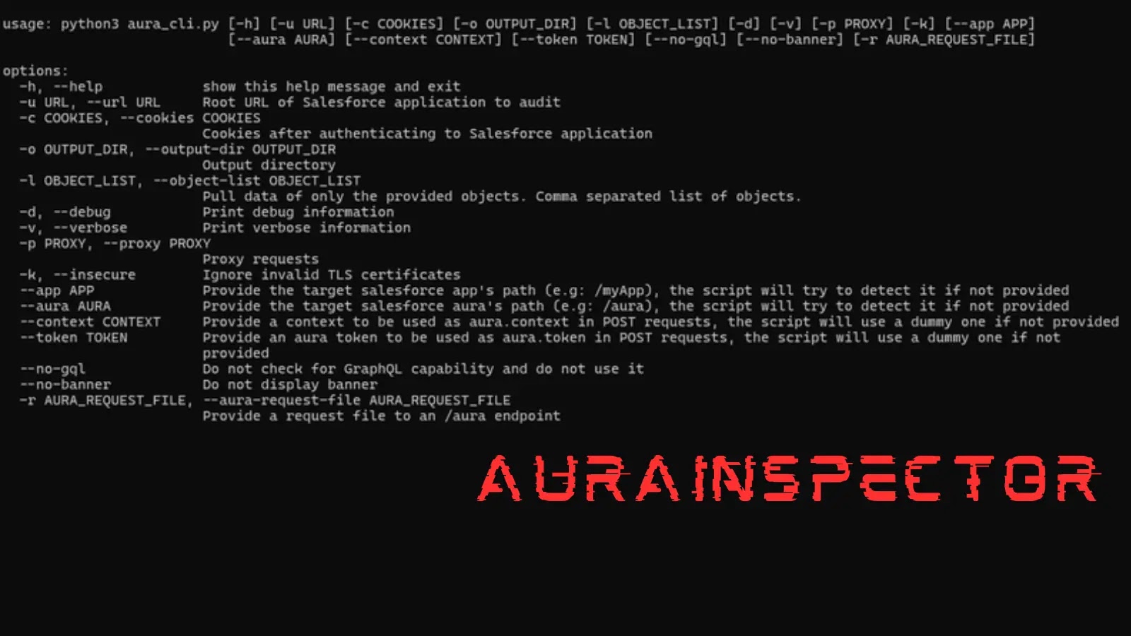 A terminal window displays the help menu for a script with various command-line options and descriptions. The word AURAINSPECTOR appears in large, red, stylized text at the bottom right.