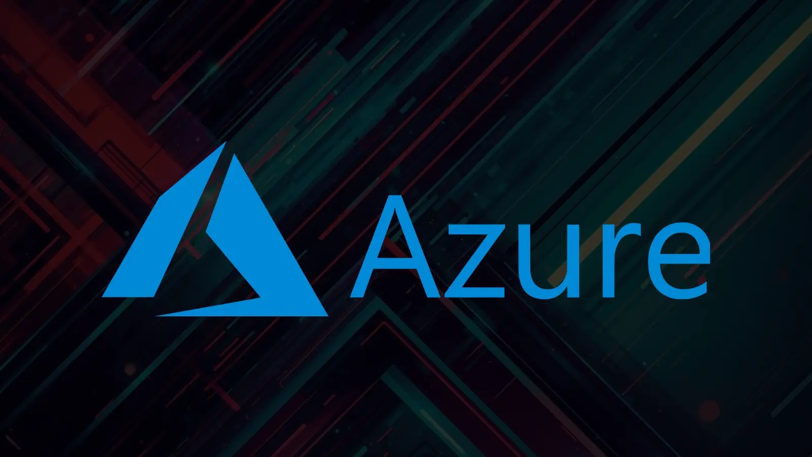 The image shows the Microsoft Azure logo with a blue triangular symbol next to the word Azure in blue text, over a dark abstract geometric background with diagonal lines.