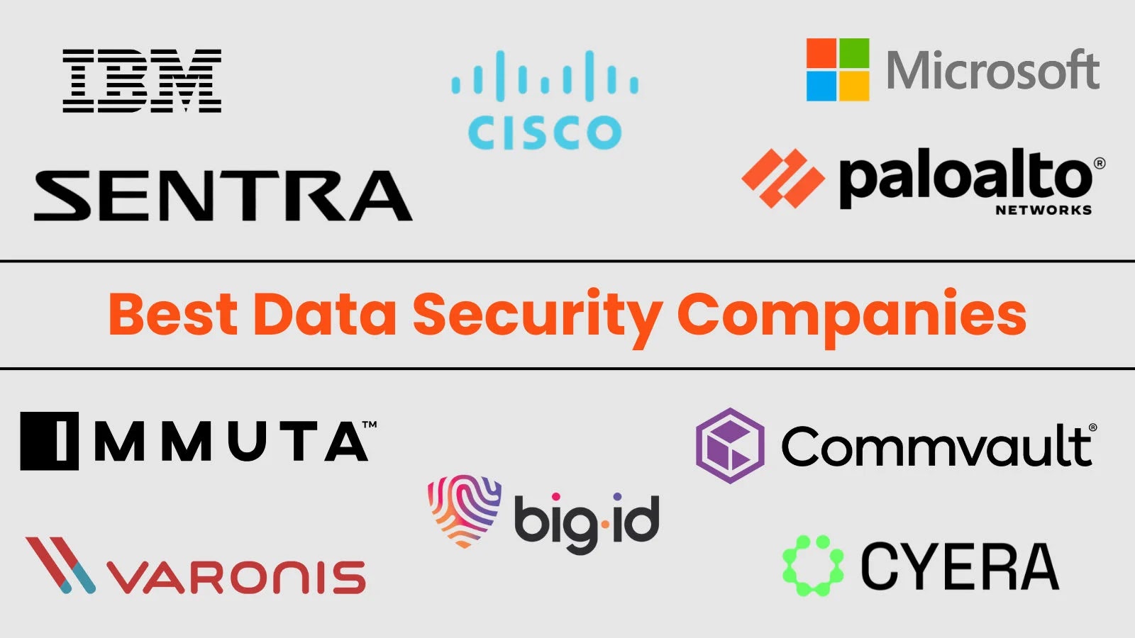 A graphic displaying logos of leading data security companies, including IBM, Cisco, Microsoft, Palo Alto Networks, Sentra, Immuta, Varonis, BigID, Commvault, and Cyera, with the title Best Data Security Companies.