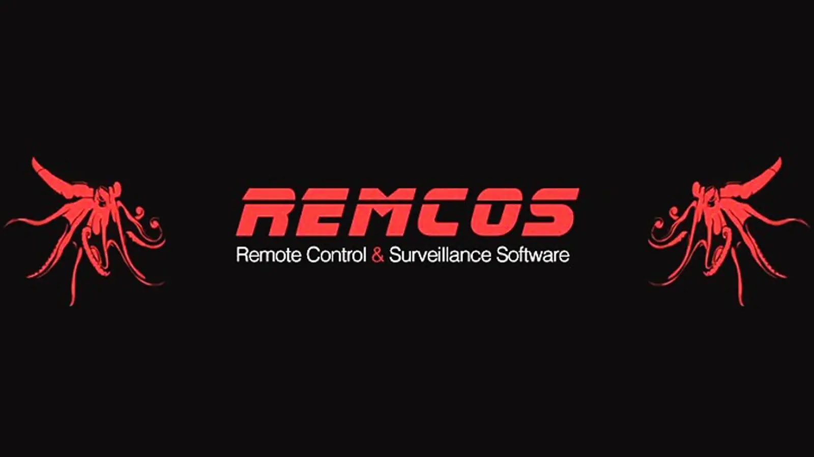 The image shows the REMCOS logo in bold red letters, with the tagline Remote Control & Surveillance Software beneath it. On each side of the logo, there is a red mosquito graphic on a black background.