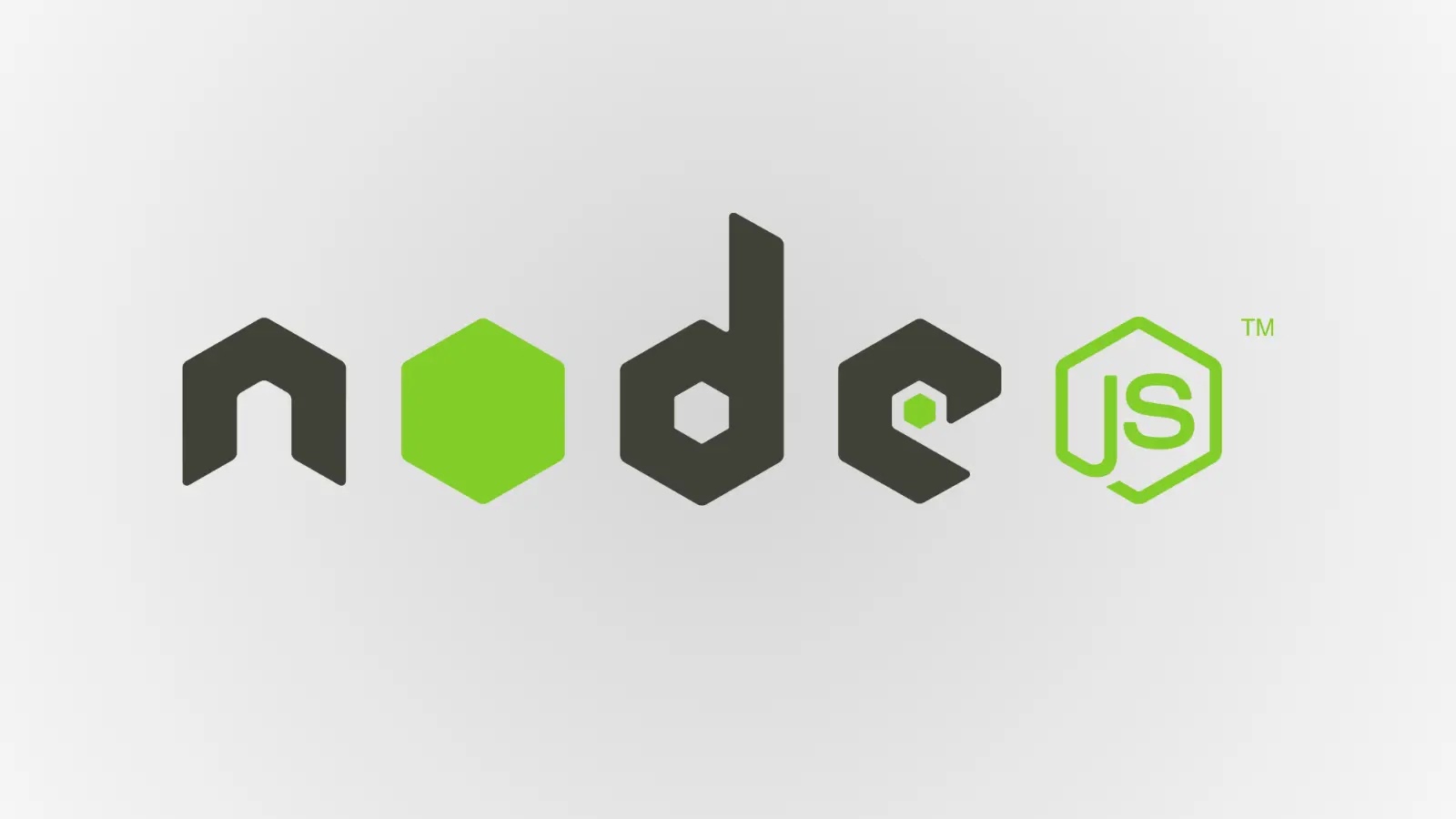 The image shows the Node.js logo with the word node in black stylized letters. The o is a green hexagon and js is in a green hexagon outline to the right. The background is light gray.