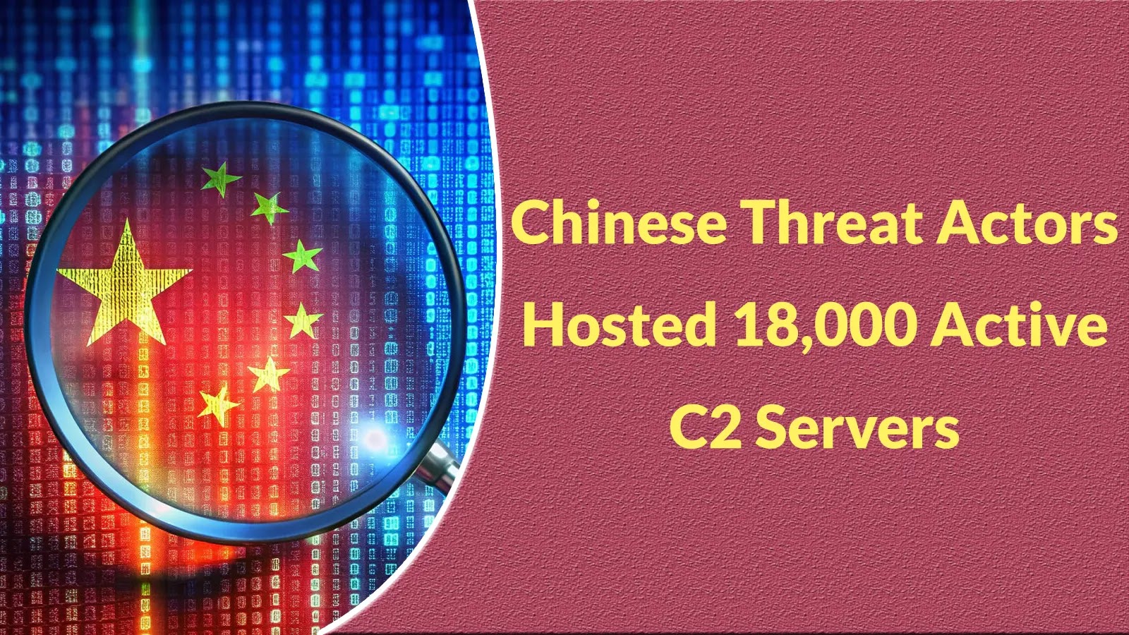 A magnifying glass highlights the flag of China over binary code, next to the text: Chinese Threat Actors Hosted 18,000 Active C2 Servers on a textured red background.