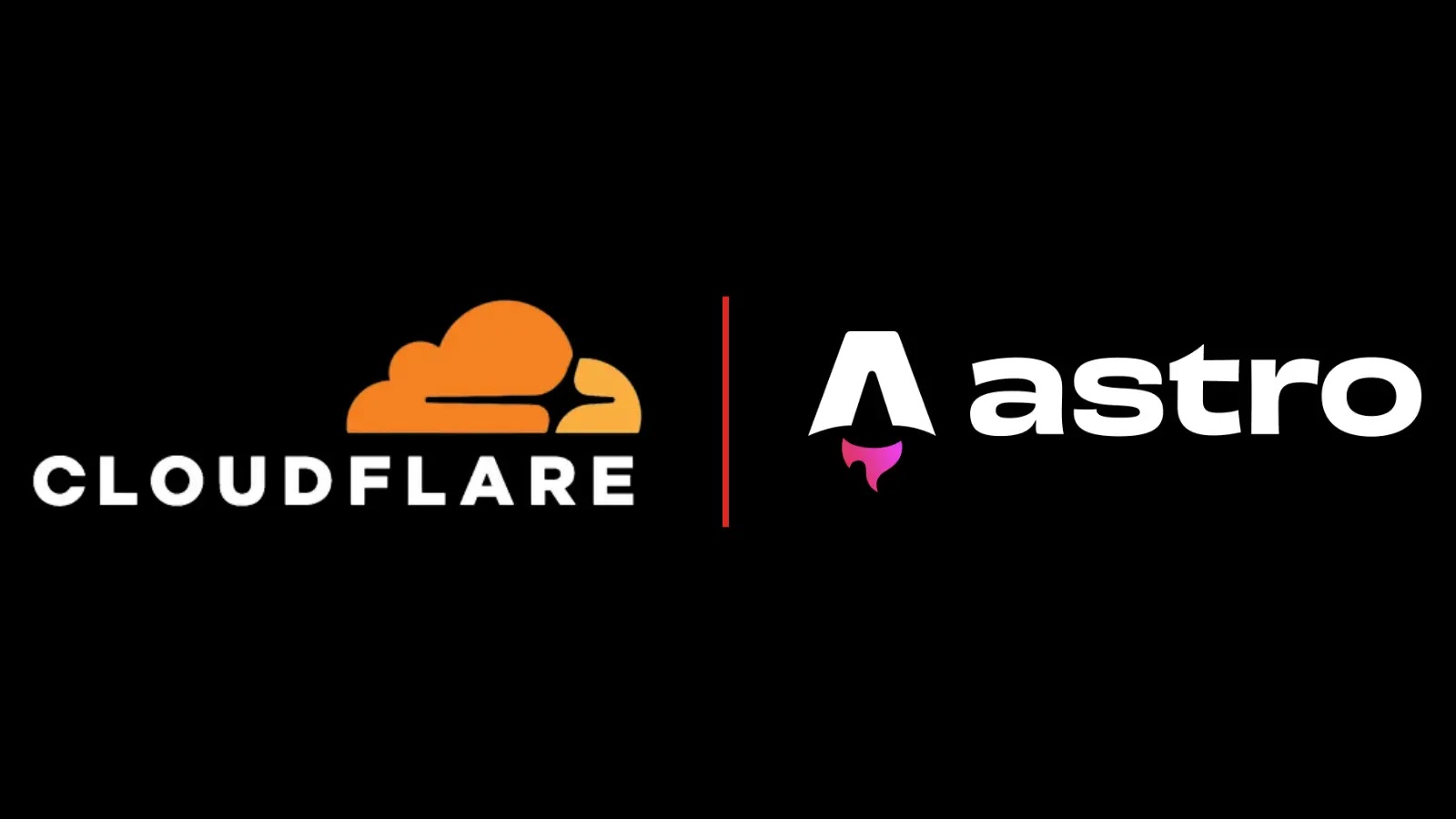 Cloudflare and Astro logos side by side on a black background, separated by a vertical red line. Cloudflare logo is orange with text; Astro logo is white with a pink accent.
