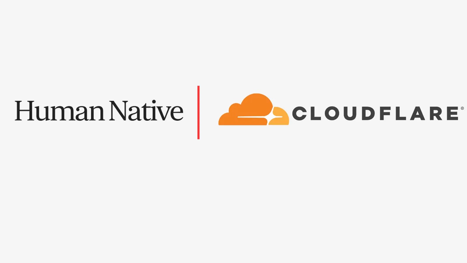 The image shows the Human Native logo on the left and the Cloudflare logo with an orange cloud icon and black text on the right, separated by a vertical red line on a white background.