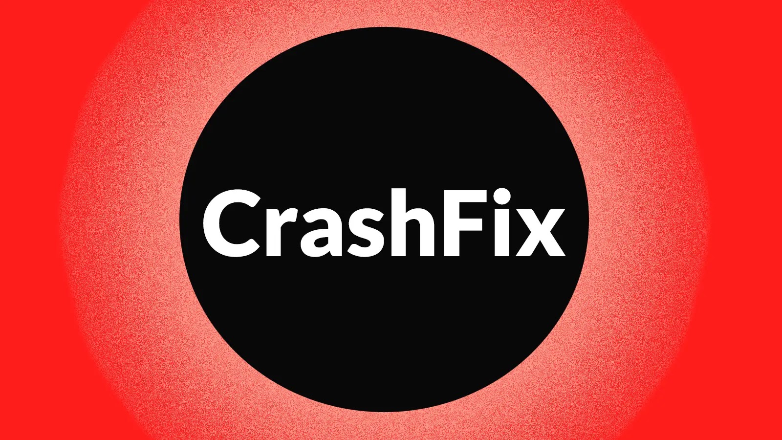 A large black circle with the word CrashFix in bold white letters is centered on a red background with a bright gradient radiating outward.